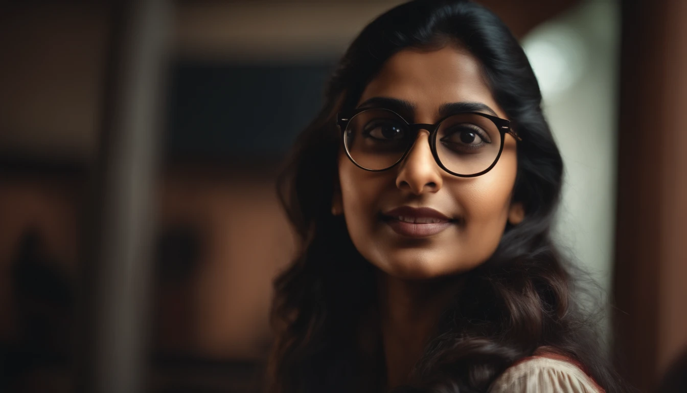 Indian woman,20 years of age, spectacles, looking at the camera,cute,smart, realistic,8k,hyper realistic