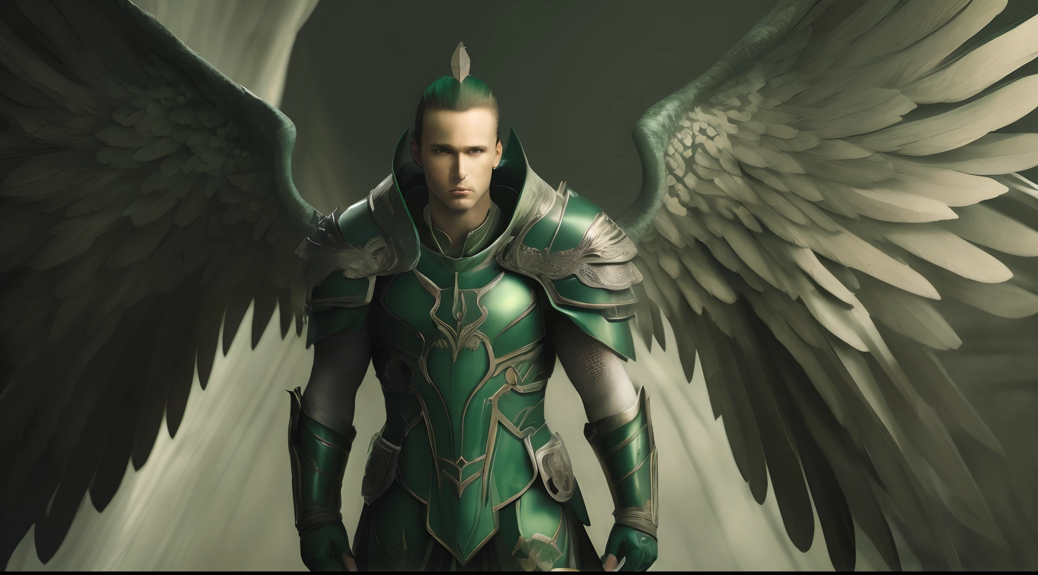 male angel with green armor in a dark place