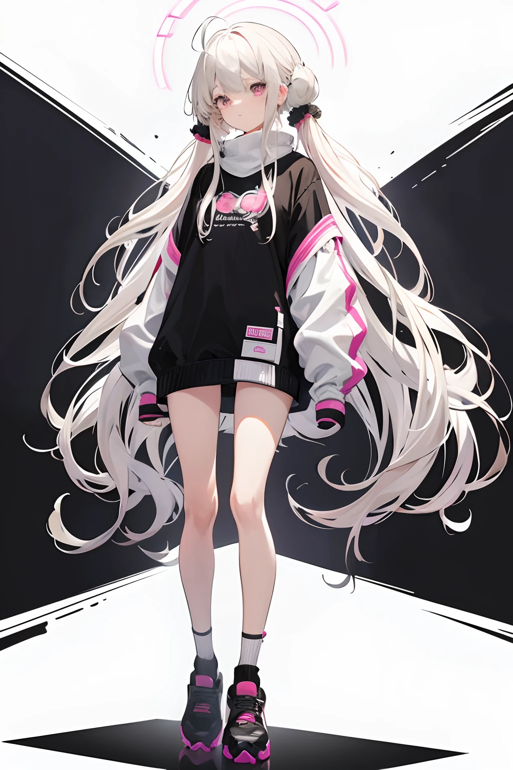 art book,Girl,mesugaki,Long hair,((Platinum blonde hair,Striped hair,Black hair,ahoge)),crossed bangs,Parted bangs,hair scrunchie,Pink eyes,ribbed sweater,Full body standing painting,Plain white background