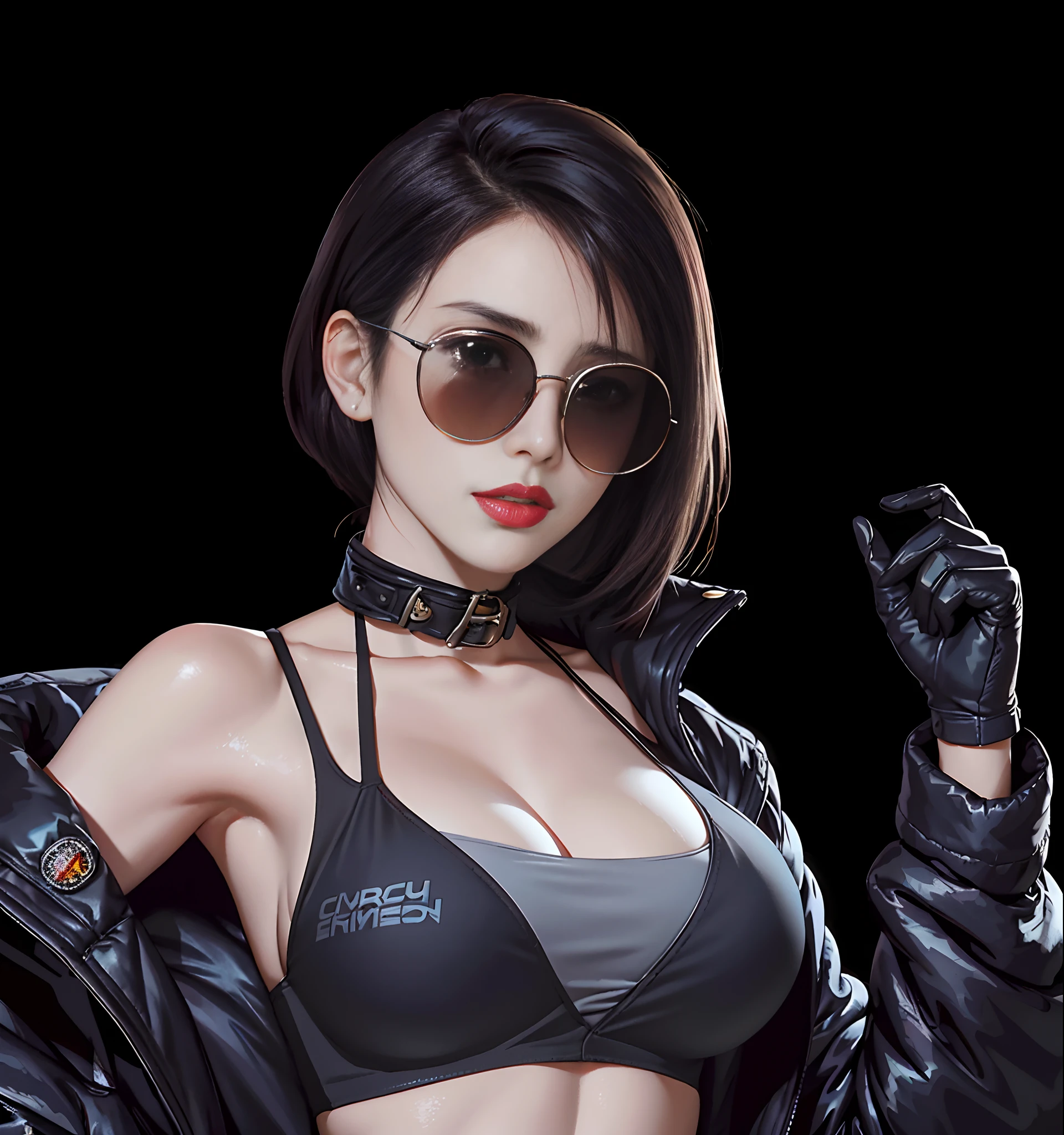 Close-up of a woman in a fur coat, Racing girl,With sunglasses, cyber punk perssonage,Racing helmets, Model girl, s the perfect face, skinny pants, Ultimate texture, 8 k'', perfect boobs, Perfect breasts, perfect body figure, Ultra-fine skin,
