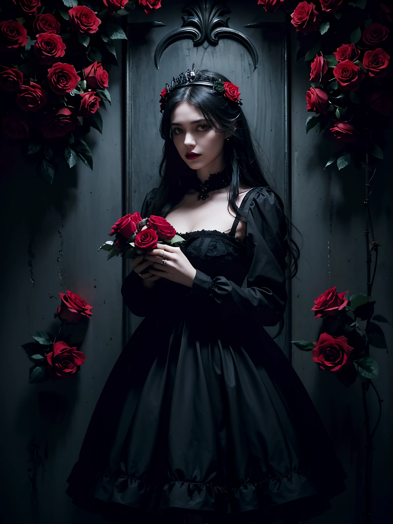 there is a woman holding a bunch of roses in her hands, with flowers, album art, she is the queen of black roses, gothic aesthetic, red roses, black rose frame. d&d, black roses, gothic horror vibes, gothic style, holding flowers, gothic maiden, holding a red rose, ad image, album artwork, album art cover, gothic art style