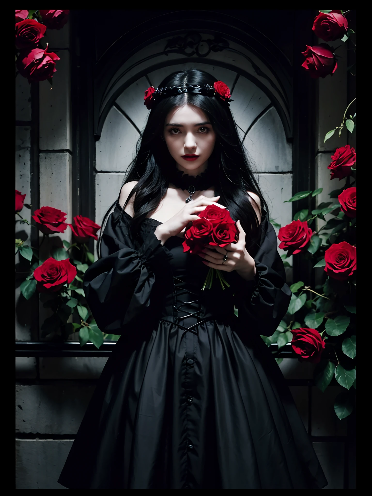 there is a woman holding a bunch of roses in her hands, with flowers, album art, she is the queen of black roses, gothic aesthetic, red roses, black rose frame. d&d, black roses, gothic horror vibes, gothic style, holding flowers, gothic maiden, holding a red rose, ad image, album artwork, album art cover, gothic art style