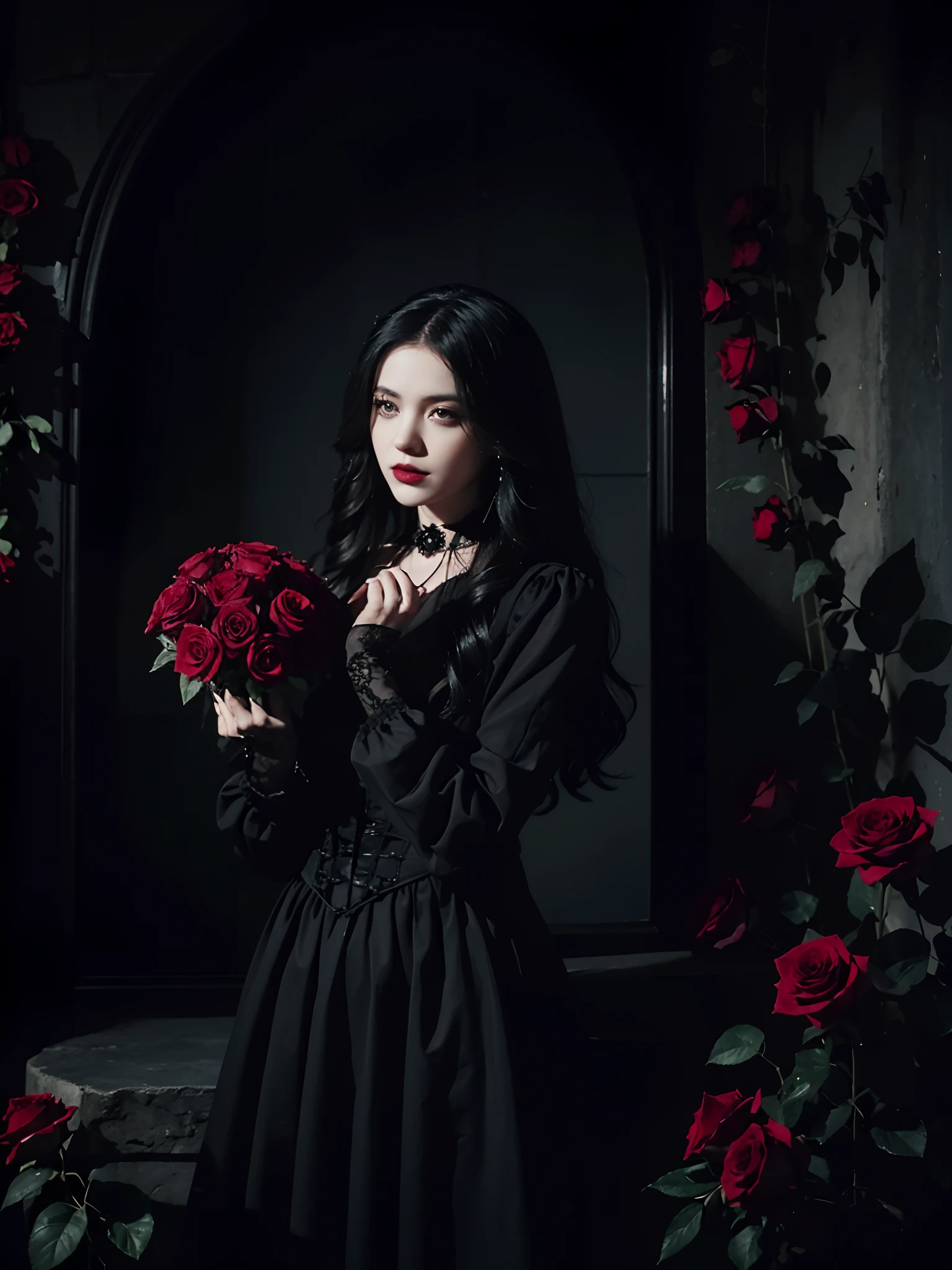 there is a woman holding a bunch of roses in her hands, with flowers, album art, she is the queen of black roses, gothic aesthetic, red roses, black rose frame. d&d, black roses, gothic horror vibes, gothic style, holding flowers, gothic maiden, holding a red rose, ad image, album artwork, album art cover, gothic art style