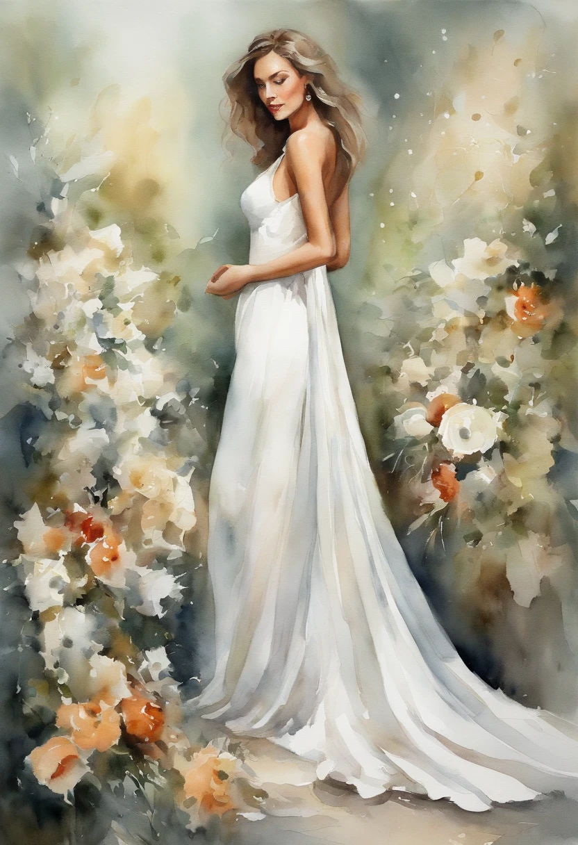 Beautiful woman with long legs wearing white silk,Flowers in hand,Wear a wedding dress