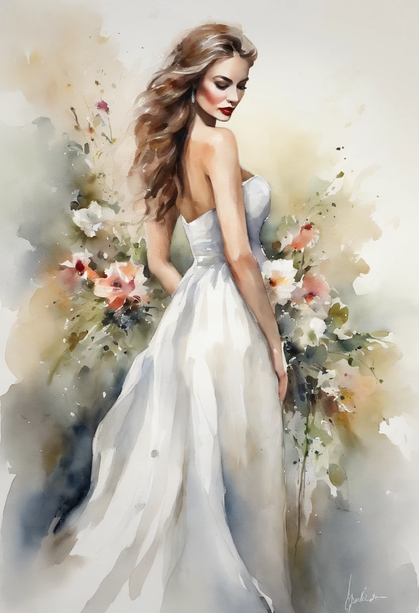 Beautiful woman with long legs wearing white silk，Flowers in hand，Wear a wedding dress