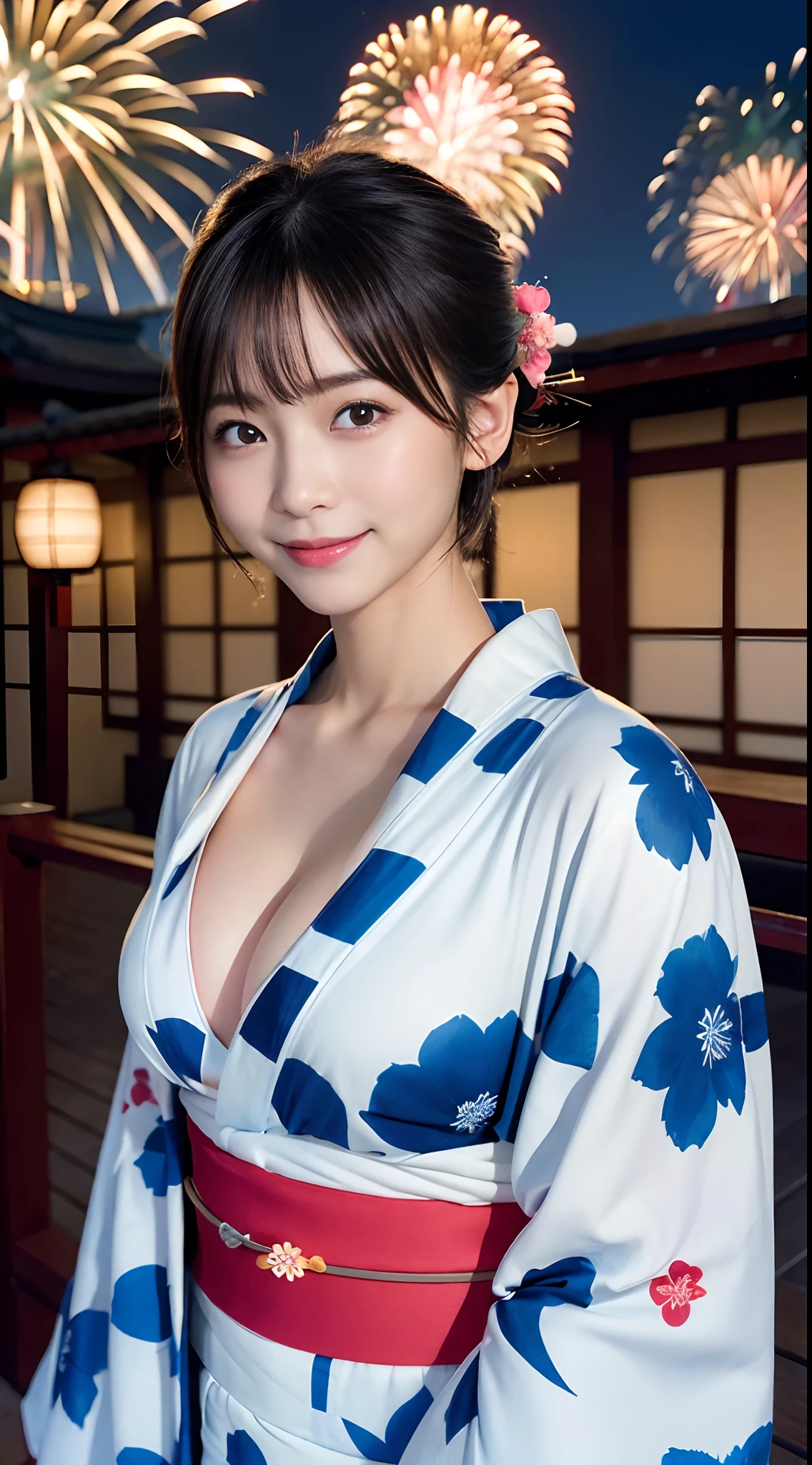 (8K、Raw photography、top-quality、​masterpiece:1.2)、(reallistic、Photorealsitic:1.37)、The ultra -The high-definition、1 girl in、cute little、独奏、natta、Sitting、date、(Nasal redness)、(A smile:1.1)、(Closed)、Colossal tits、beautidful eyes、(short-hair:1.2)、(((Fireworks in the sky、natta)))、(((Kimono、Yukata)))、cleavage on the chest、perfect bodies、Perfect fingers、profetional lighting、goddess of Japan、gravure、Detailed face and skin texture、A detailed eye、Raw photo