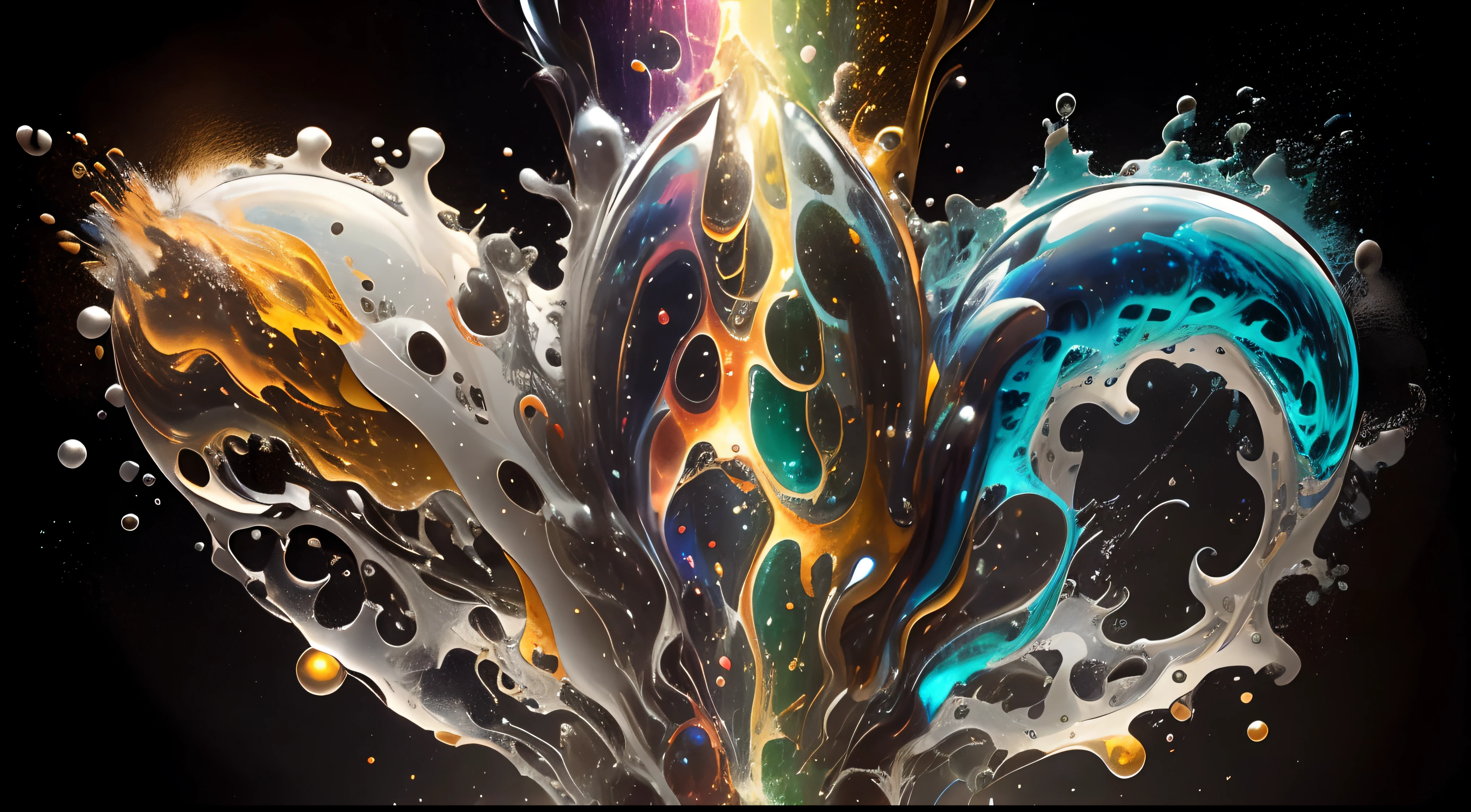 Obra de Arte abstracto multicolor en movimiento.Arte de Alberto Severo. Un primer plano de chorros y corrientes de metales preciosos fundidos que chocan entre si y forman , inmensas cantdades de gotas multicolores y chorros metalicos de oro, plata, cobre mercurio, que burbujean ,explotan ,remolinean y fluyen y ocupan todo el espacio, nubes de fluidos de colores metalicos dorados, plateados, cobrizos brillantes y tornasolados,burbujas tornasoladas, ,remolinos de gotas tornasoladas que giran y escapan.Crea una fascinante obra de arte abstracta con un enfoque en la fluidez y el movimiento. Utilice una paleta de colores rica y diversa, Blend tones seamlessly to evoke a sense of continuous movement, Background of psychedelic fuids in motion. Arte de los fluidos en movimiento