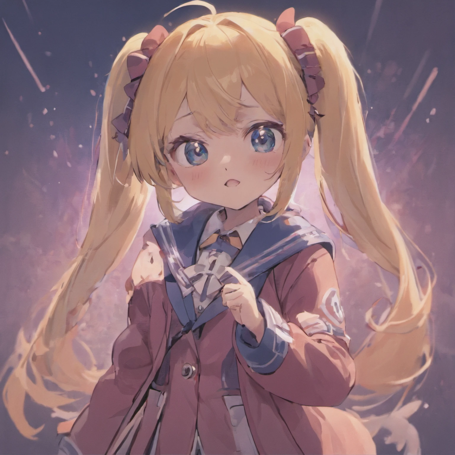 Very cute chibi anime girl, Mini Characters、Solo, Simple background, Beautiful twin tails 、 Pretty girl、Cute Chibi、 Dark blue blazer, Pink skirt、High School Uniform, Full body ,I'm insanely surprised、 Highly detailed face and eyes, The contours are clear、I put my hand on my cheek and was surprised.（Oh My Gar）