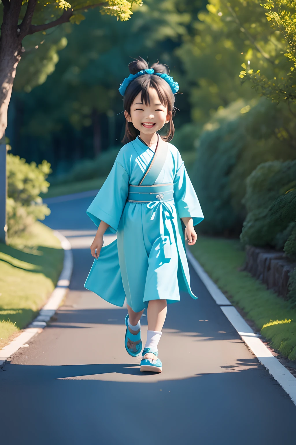A happy little Taoist,Wearing a cyan robe,Walk happily on the road