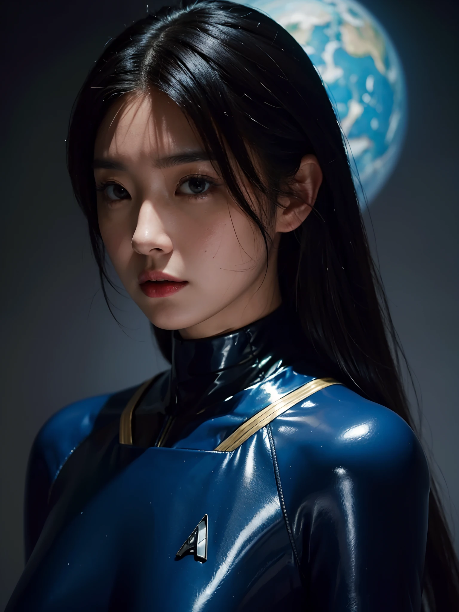 a close up of a person in a space suit with a planet in the background, star trek asian woman, inspired by Leng Mei, from a 2 0 1 9 sci fi 8 k movie, inspired by Eve Ryder, iu lee ji-eun as a super villain, park shin hye as a super villain, futuristic glossy latex suit, scifi woman