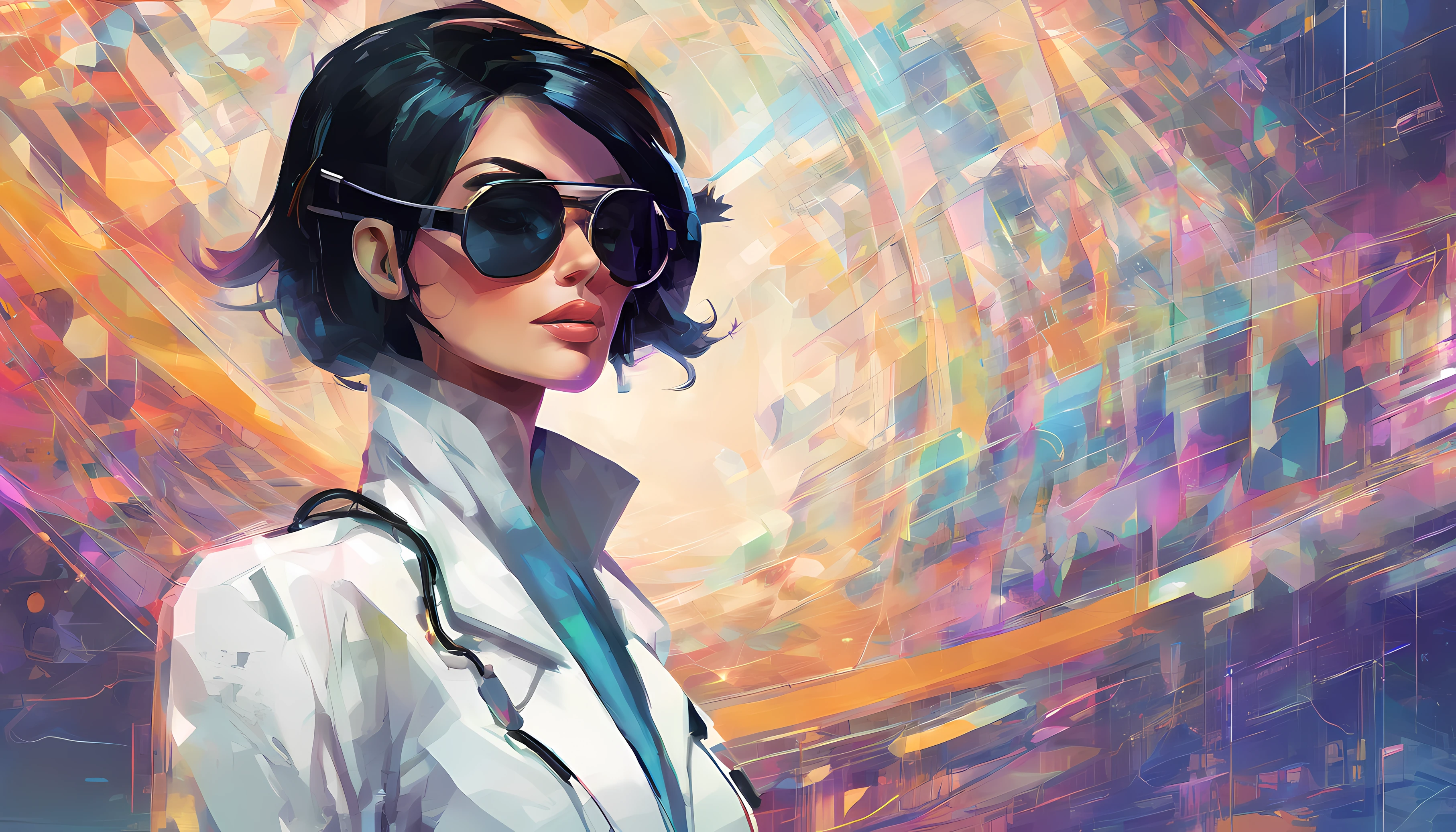 Portrait of an attractive beautiful woman with black hair with white doctor's costume, (altamente detalhado: 1.2), Hyper-detailed eyes and use of high-tech sunglasses with holographic display 1.2) ,Colorful multidimensional abstract geometric wall