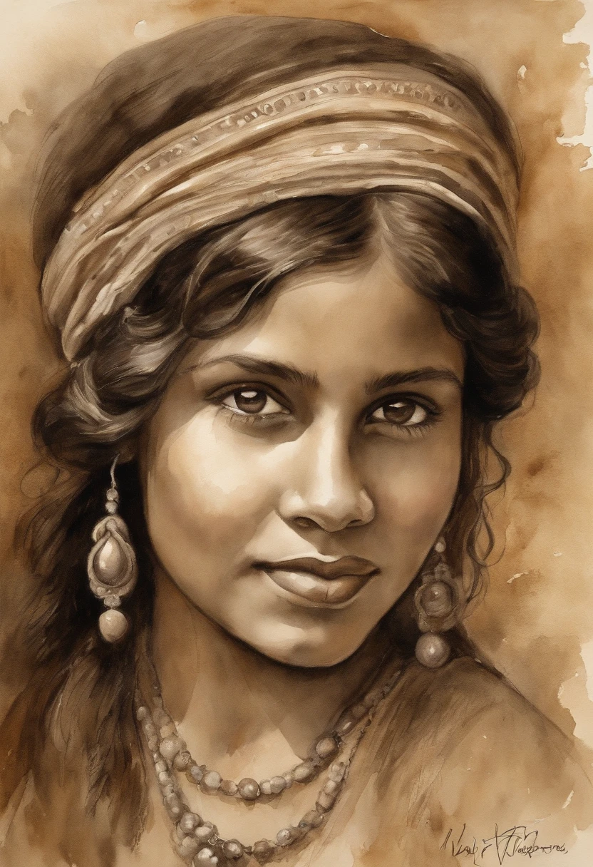 william watyerhouse style painting gypsy girl sepia