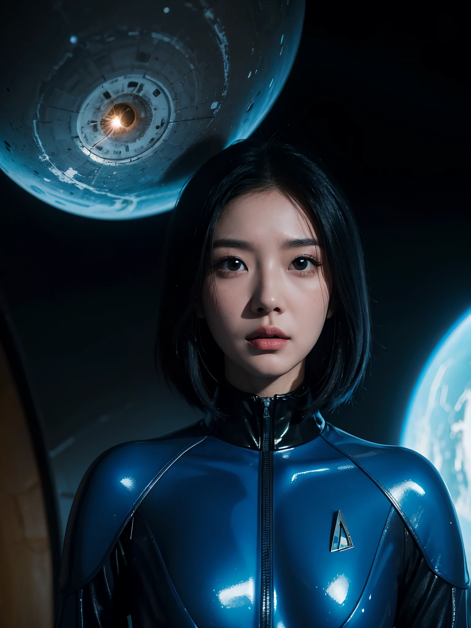 a close up of a person in a space suit with a planet in the background, star trek asian woman, inspired by Leng Mei, from a 2 0 1 9 sci fi 8 k movie, inspired by Eve Ryder, iu lee ji-eun as a super villain, park shin hye as a super villain, futuristic glossy latex suit, scifi woman