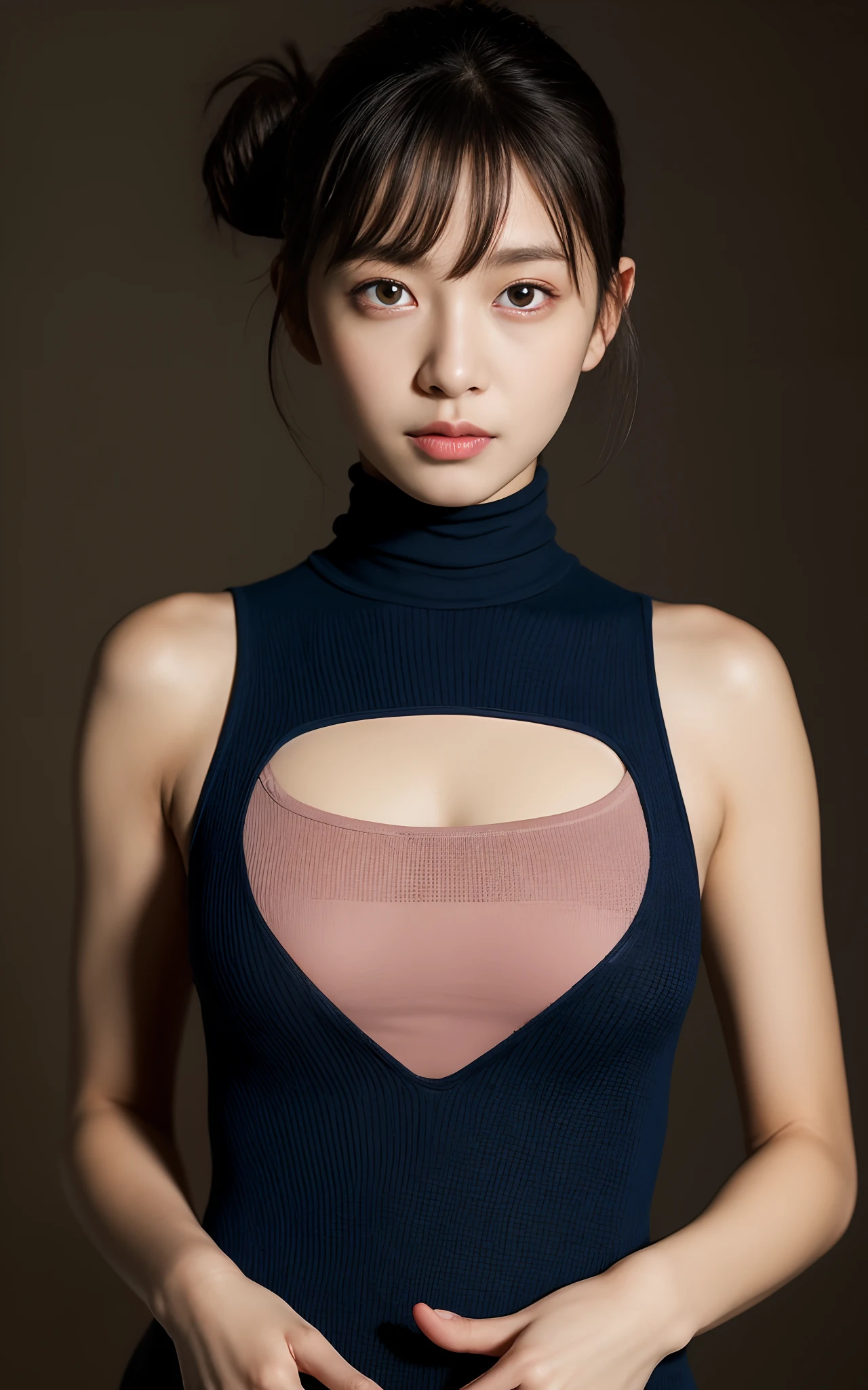 Highly detailed CG Unity 8k wallpaper, With the highest quality, super detailed, master piece, Realistic, photos realistic, extremely detailed cute girl, 21 instars, (sleeveless turtleneck) , Shorts, (blush) , Round eyes, rather small udder, looking viewer, Cowboy Shot , Duan , , Bun_Head、Light brown hair、gradation hair