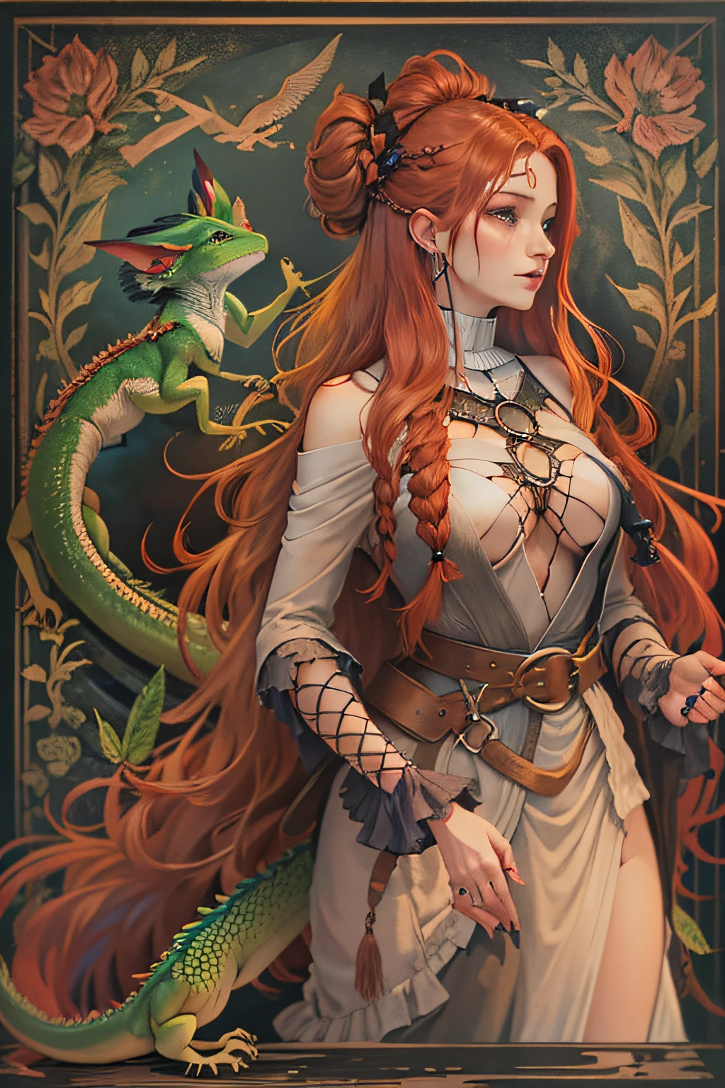 The Witch with Red Hair, Part of the hair is braided into a ponytail, But the tail consists of two lizard tails