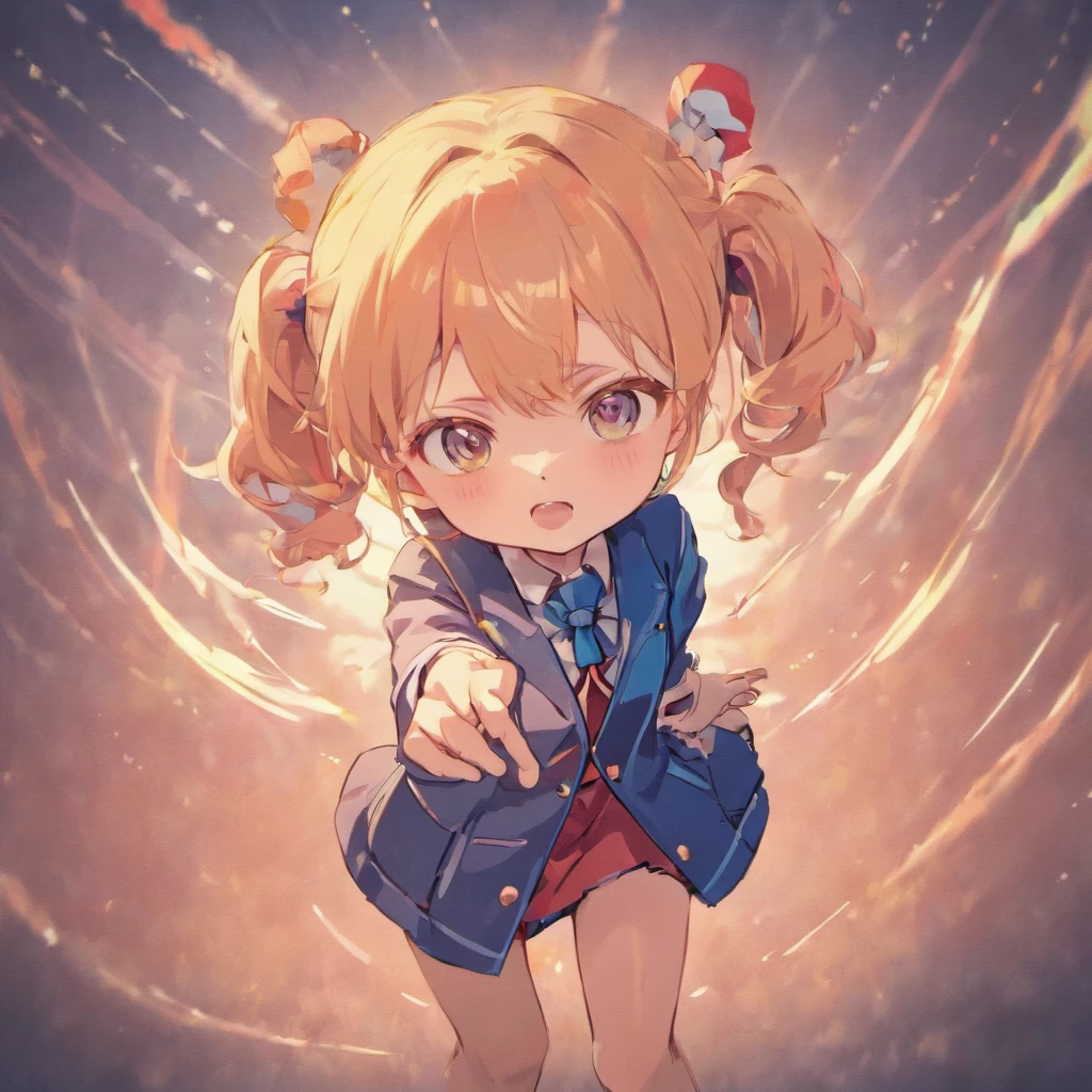 Very cute chibi anime girl, Mini Characters、Solo, Simple background, Beautiful twin tails 、 Pretty girl、Cute Chibi、 Dark blue blazer, Pink skirt、High School Uniform, Full body ,I'm insanely surprised、 I'm very surprised.、Highly detailed face and eyes, The contours are clear、I put my hand on my cheek and was surprised.(Oh My Gar)