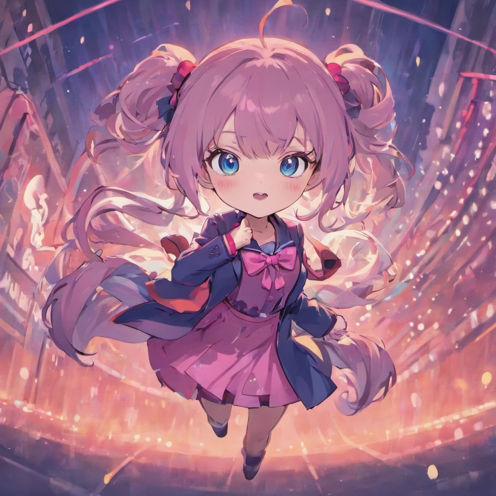 Very cute chibi anime girl, Mini Characters、Solo, Simple background, Beautiful twin tails 、 Pretty girl、Cute Chibi、 Dark blue blazer, Pink skirt、High School Uniform, Full body ,I'm insanely surprised、 I'm very surprised.、Highly detailed face and eyes, The contours are clear、I put my hand on my cheek and was surprised.(Oh My Gar)