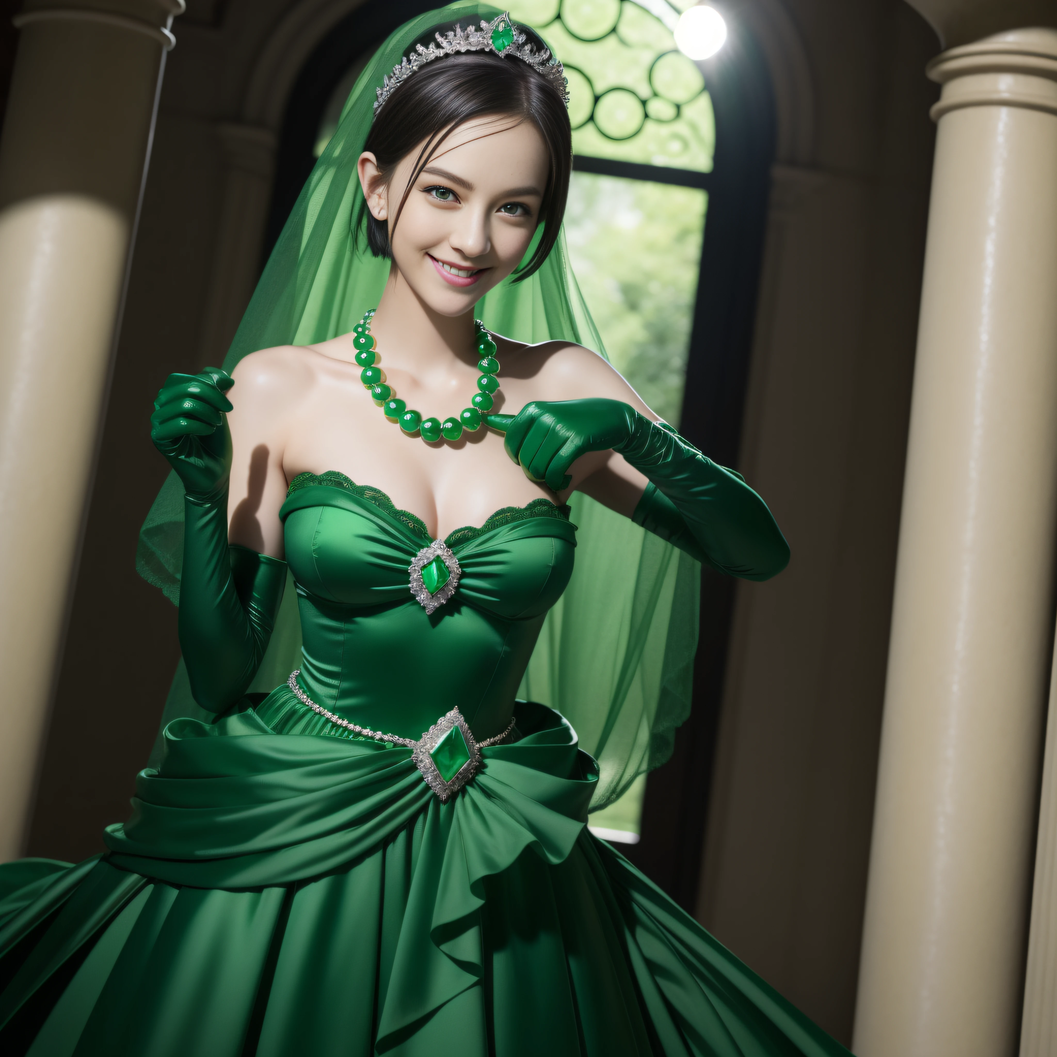 emerald tiara, Green Pearl Necklace, Boyish very short green hair, lipsticks, Japan woman smiling, very short short hair, big breasts beautiful, Green eyes, Long green gloves made of satin material, Green eyes