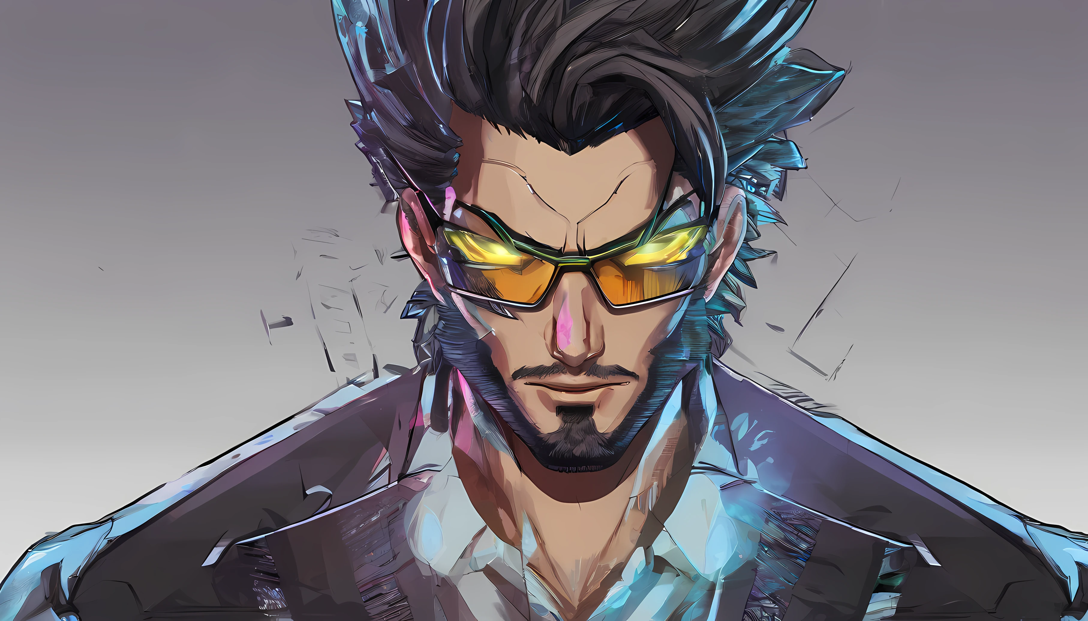 Retrato de um homem de 25 anos de idade de cabelo preto com traje de personagem de luta do jogo tekken 7,(altamente detalhado: 1.2), Hyper-detailed eyes and use of cyberpunk-style glasses: 1.2)