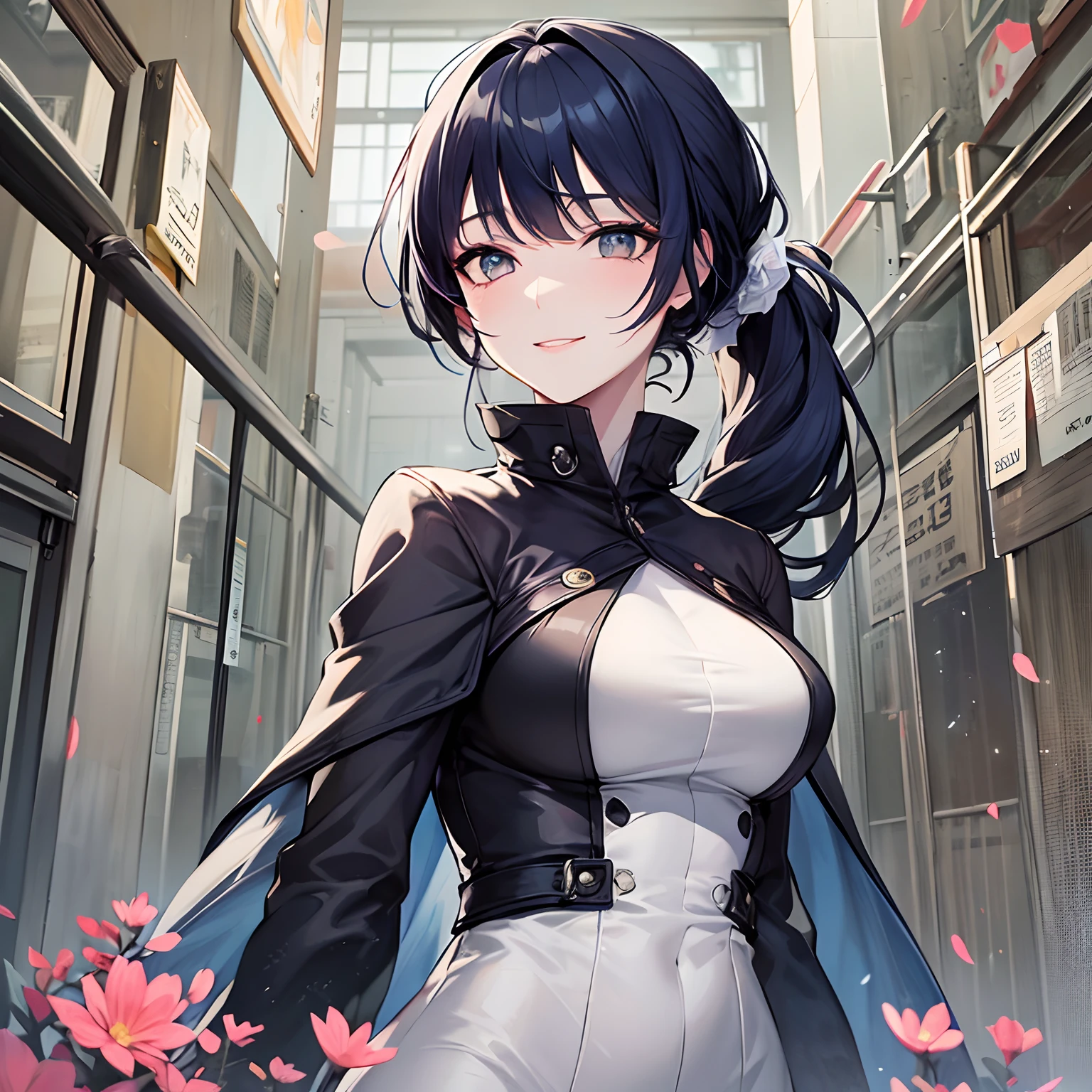 Woman, long dark blue hair gathered in a low ponytail, pale eyes, white combat dress with silver details and flowers, modernity, calm smile, full length
