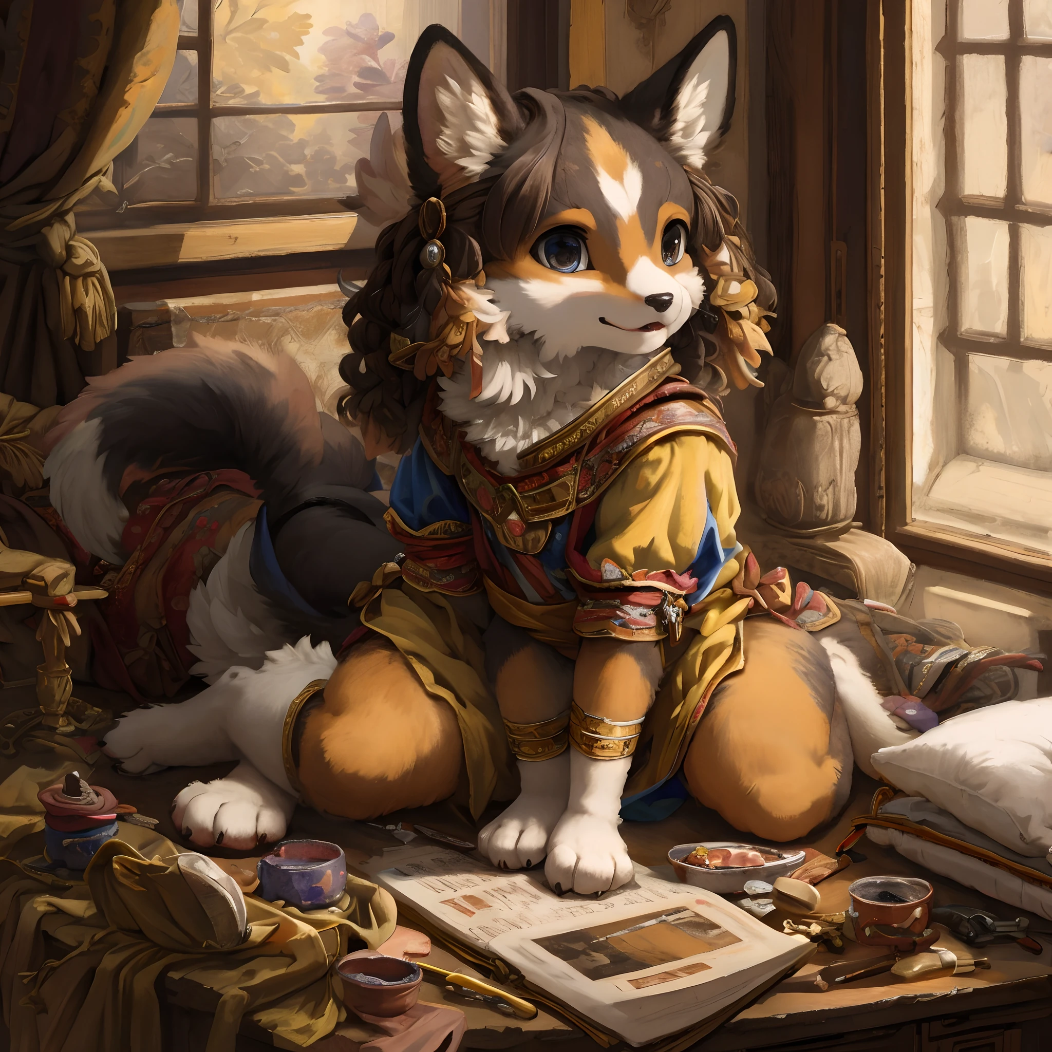 highres, top quality, best quality, paid reward available, High-quality illustrations by Johannes Vermeer, unparalleled masterpiece, perfect artwork, absurdres, perfect anatomy(highly detailed beautiful face and eyes)(angelic cute 1girl, kemono, solo focus)(furry)(furry anthro:1.7)(Furry body, dog facial features, dog body features)(very detailed body fur)full body, dynamic pose,