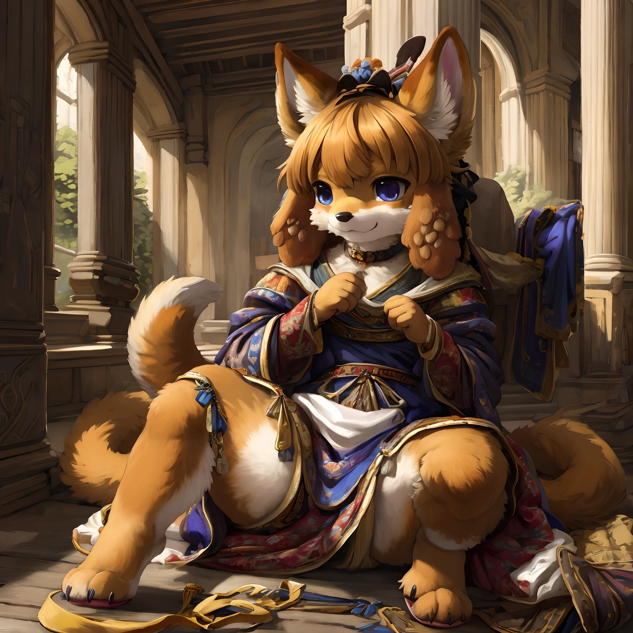 highres, top quality, best quality, paid reward available, High-quality illustrations by Johannes Vermeer, unparalleled masterpiece, perfect artwork, absurdres, perfect anatomy(highly detailed beautiful face and eyes)(angelic cute 1girl, kemono, solo focus)(furry)(furry anthro:1.7)(Furry body, dog facial features, dog body features)(very detailed body fur)full body, dynamic pose,