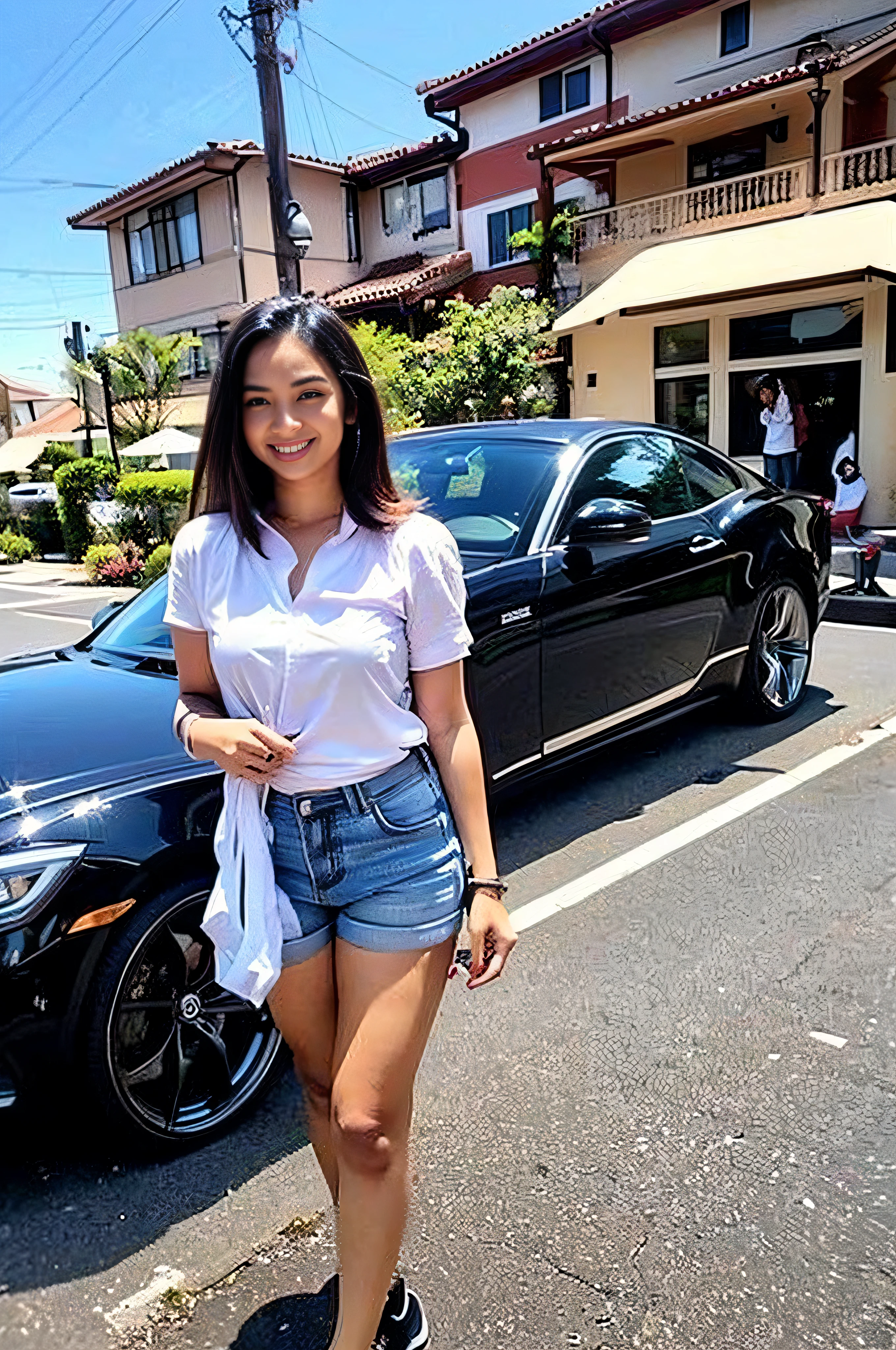 (Medium_shot:1.2), best quality, (8k, RAW photo, best quality, masterpiece:1.2), (((standing beside a modern sport car))), (realistic, photo-realistic:1.4), (1girl), medium breast, blue hair. ((happy face))), ((full girl asian body view))), (((walking at beautiful park))), ((standing beside a sport car)), (((beautifull short floating wavy dark brown hair)), (masterpiece, best photo realistic), (beautiful realistic face, detailed realistic face), (high detailed realistic hair, beautiful realistic hairstyle).