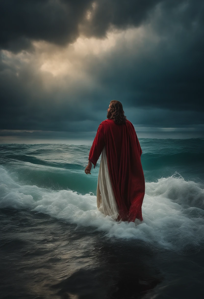 Jesus walking on the surface of the water during a storm and inviting the audience of the picture to join Him, Extending your right hand forward
