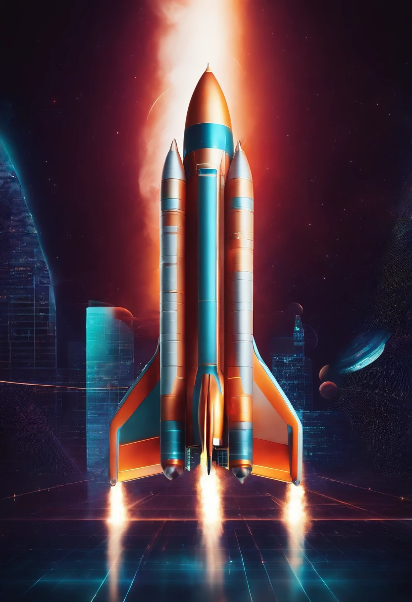 Rocket taking flight with futuristic sales scale charts