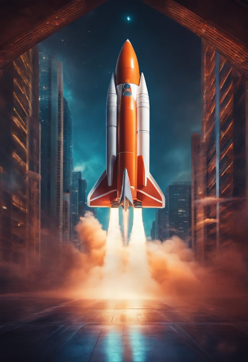 Rocket taking flight with futuristic sales scale charts