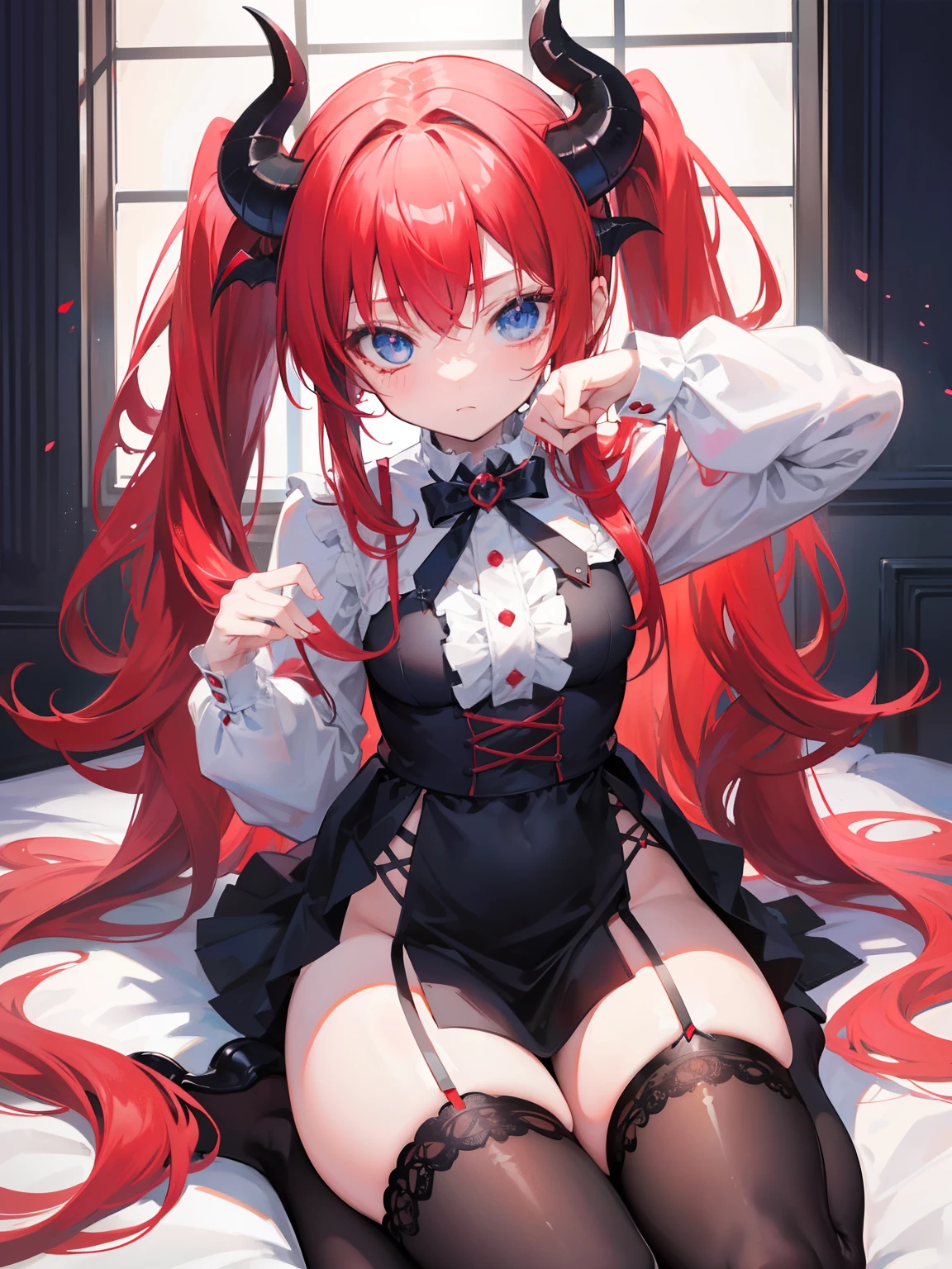red hair,blue eyes,twintails, long hair, solo, loli, black stockings,{{best quality}}, {{masterpiece}}, {{ultra-detailed}}, {illustration}, {detailed light}, {an extremely delicate and beautiful},,cute,Succubus, demon,horns