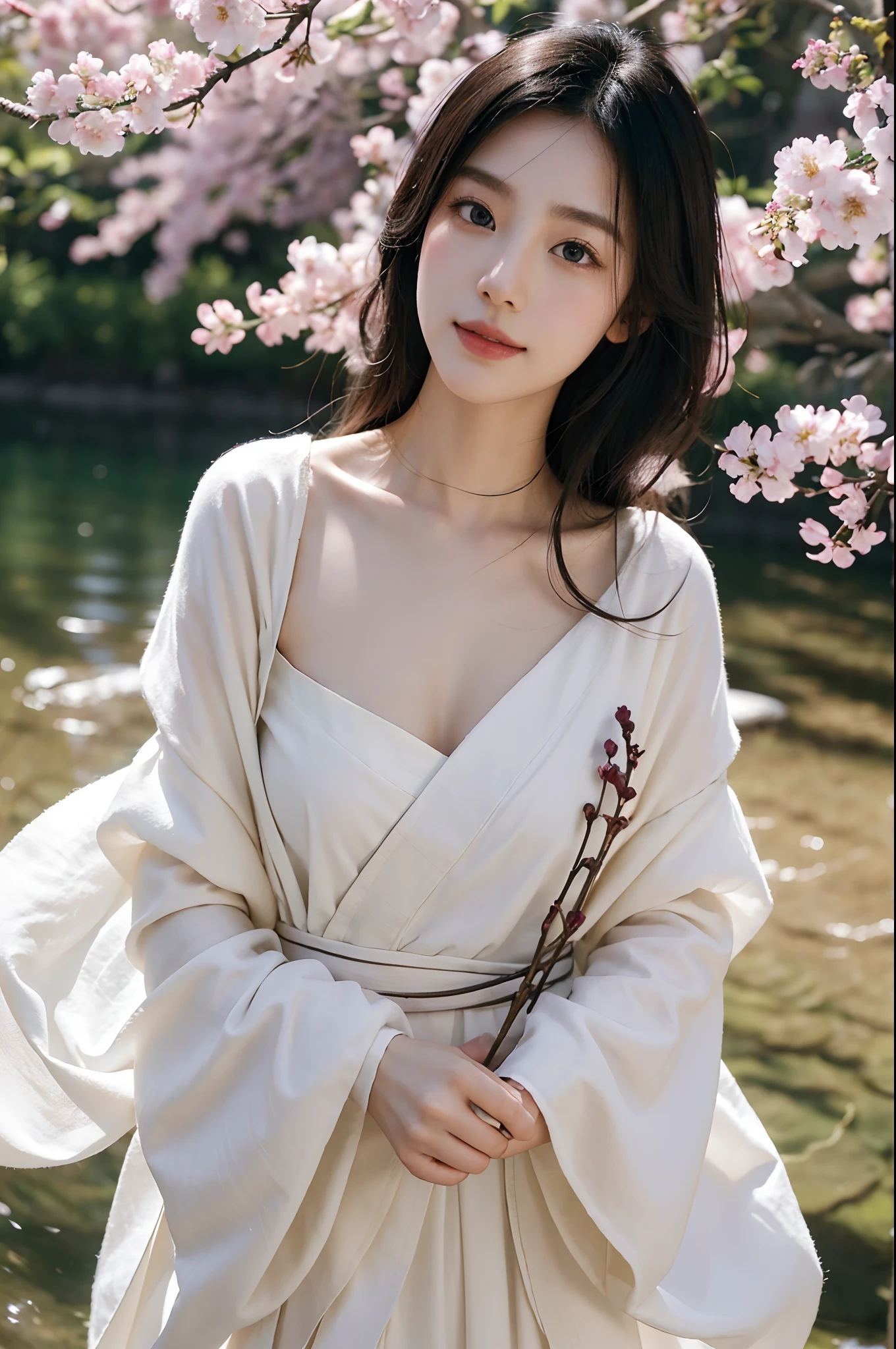 (Best quality,4K,8K,A high resolution,Masterpiece:1.2),Ultra-detailed,(Realistic,Photorealistic,photo-realistic:1.37),Beautiful detailed eyes,beautiful detailed lips,Extremely detailed eyes and face,Long eyelashes,1girll,korean beautifull girl,Japanese and Korean beauties,Korean,Large cleavage,deep v big breasts,Under the cherry blossoms,Enchanted smile,feminine charm,Flowing black hair,Hanfu,Elegant posture,Beautiful dance moves,Soft sunlight filters through the branches,Subtle shades of pink and white,tranquil ambiance,The breeze rustles the petals,Portrait style painting,Meticulous brushstrokes,Texture canvas,Delicate petals,Ethereal beauty,There is a faint blush on the cheeks,Natural and enhanced functionality,Classic Korean makeup,Sparkling eyes,setting in nature,Tranquil background,A traditional Korean garden,Gorgeous wooden building,colorful lanterns,Unique Korean style,The subtle scent of cherry blossoms,Play soft music in the background