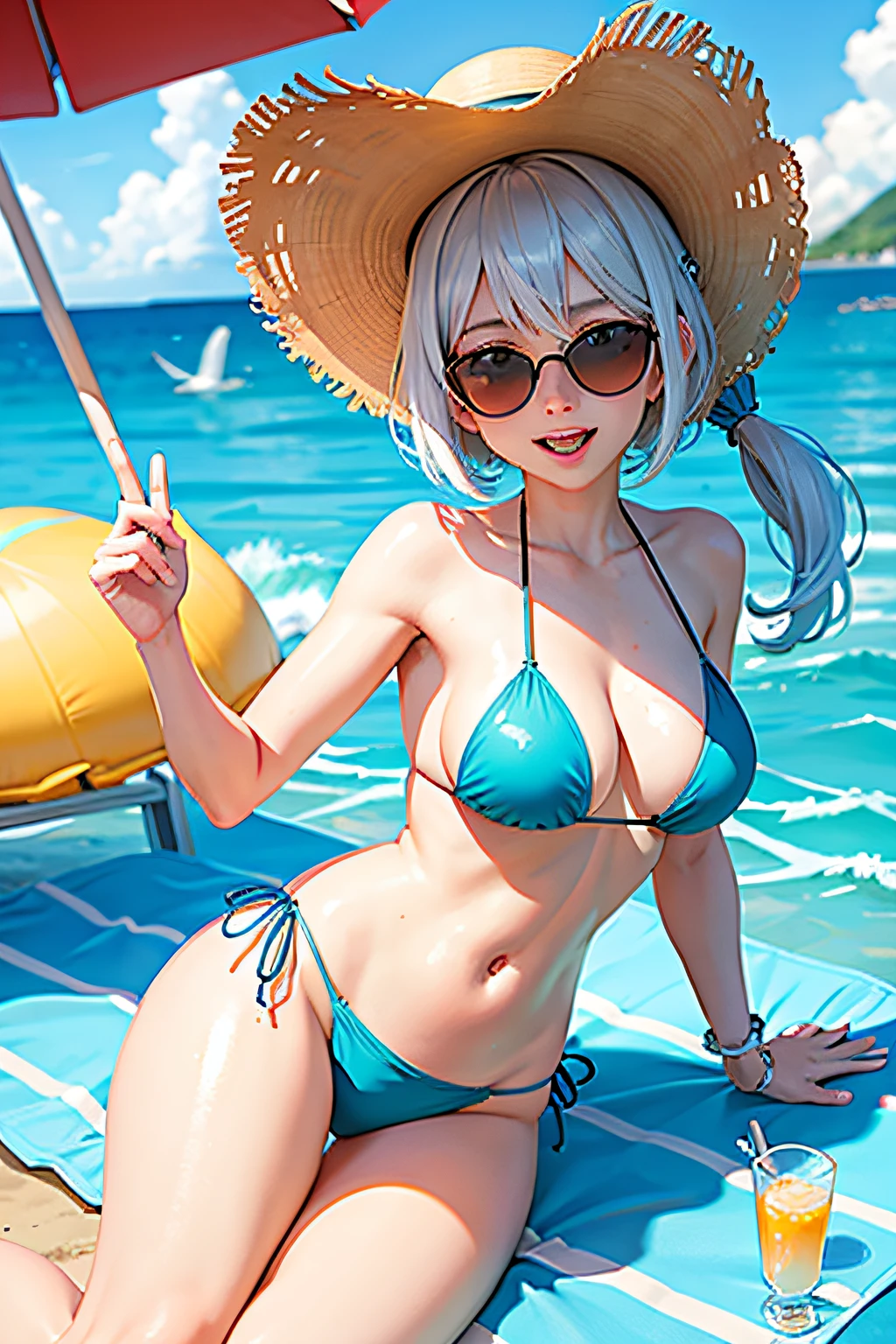 best quality,ultra-detailed,anime style,bright colors,2B,cheerful expression,beach,blue sky,white sand,turquoise water,vibrant bikini,long silver hair,beautiful eyes,sunny weather,cool breeze,swimming,sunbathing,playing beach ball,relaxing under umbrella,lively atmosphere,summer fun,jumping in the waves,laughter,beach chair,seashells,water splashes,sunglasses,sunscreen,smooth skin,sandy toes,refreshing drinks,beach hat,beach towel,joyful,energetic,playful pose,crystal clear underwater view,seagulls flying, beachgoers around.