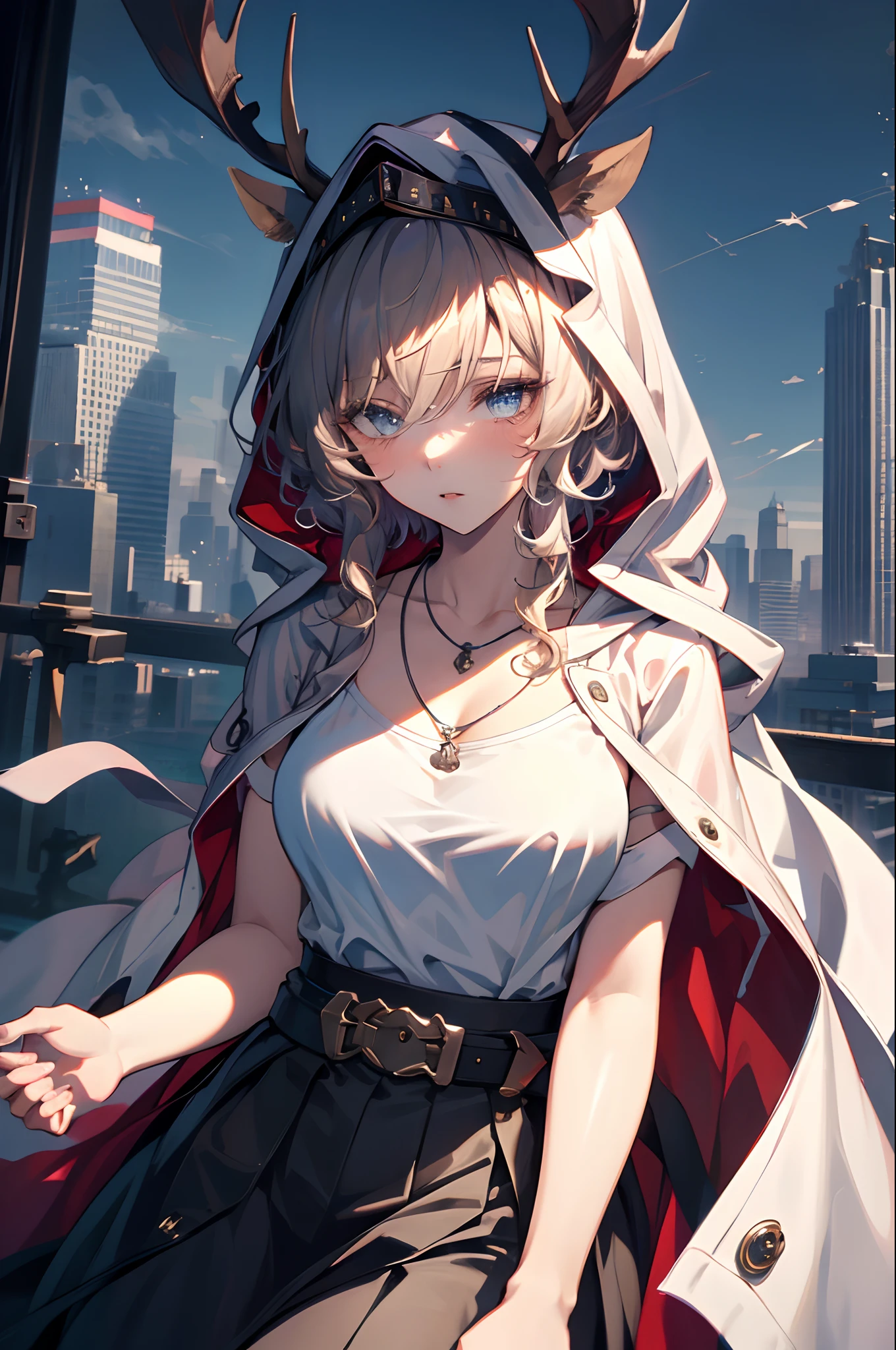 best quality,masterpiece,1girl,silver hair,disheveled hair,curly_hair,shirt,skirt,kawaisou,JK,red_bow,watchi,necklace,cityscape,8k raw photo,ultra high res,highest detailed,intricate,8k,HDR,