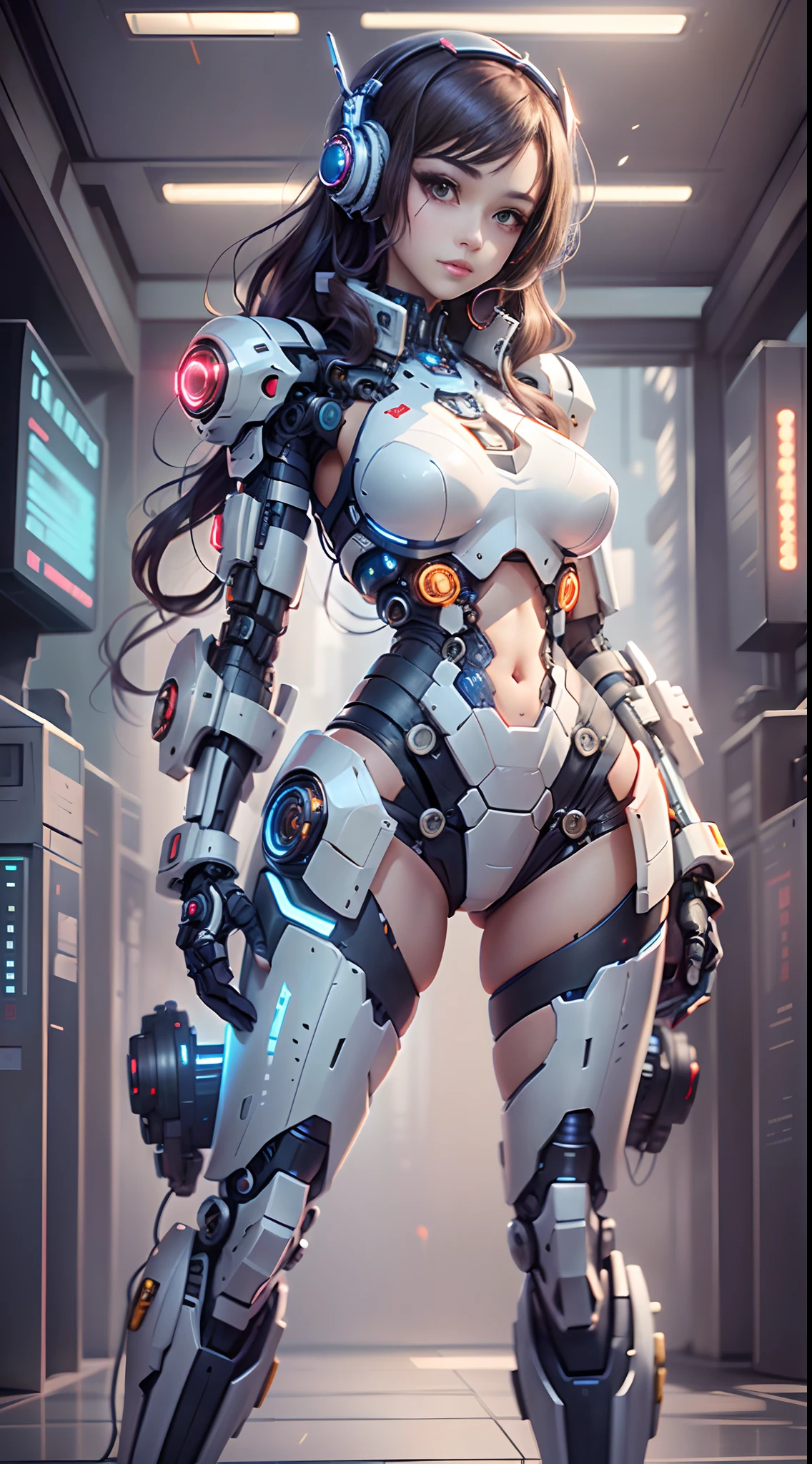 Futuristic woman wearing headphones,Gatling in hand, Cute cyborg girl, beautiful girl cyborg, Cyborg girl, cyberpunk anime girl mech, perfect anime cyborg woman, Beautiful white girl cyborg, (((cyborg - girl))), perfect android girl, Digital cyberpunk anime art, young lady cyborg, perfect cyborg female, Beautiful robot character design, belle fille cyborg, beautiful alluring female cyborg