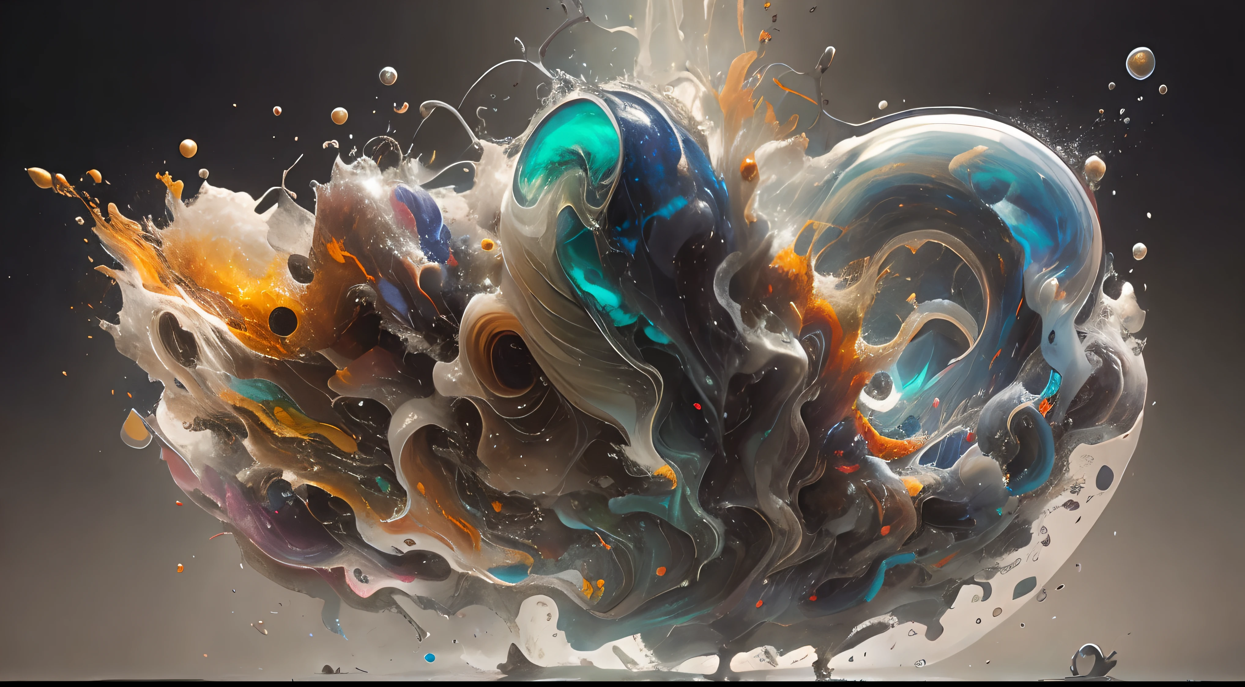 Obra de Arte abstracto multicolor en movimiento.Arte de Alberto Severo. Un primer plano de chorros y corrientes de metales preciosos fundidos que chocan entre si y forman , inmensas cantdades de gotas multicolores y chorros metalicos de oro, plata, cobre mercurio, que burbujean ,explotan ,remolinean y fluyen y ocupan todo el espacio, nubes de fluidos de colores metalicos dorados, plateados, cobrizos brillantes y tornasolados,burbujas tornasoladas, ,remolinos de gotas tornasoladas que giran y escapan.Crea una fascinante obra de arte abstracta con un enfoque en la fluidez y el movimiento. Utilice una paleta de colores rica y diversa, Blend tones seamlessly to evoke a sense of continuous movement, Background of psychedelic fuids in motion. Arte de los fluidos en movimiento