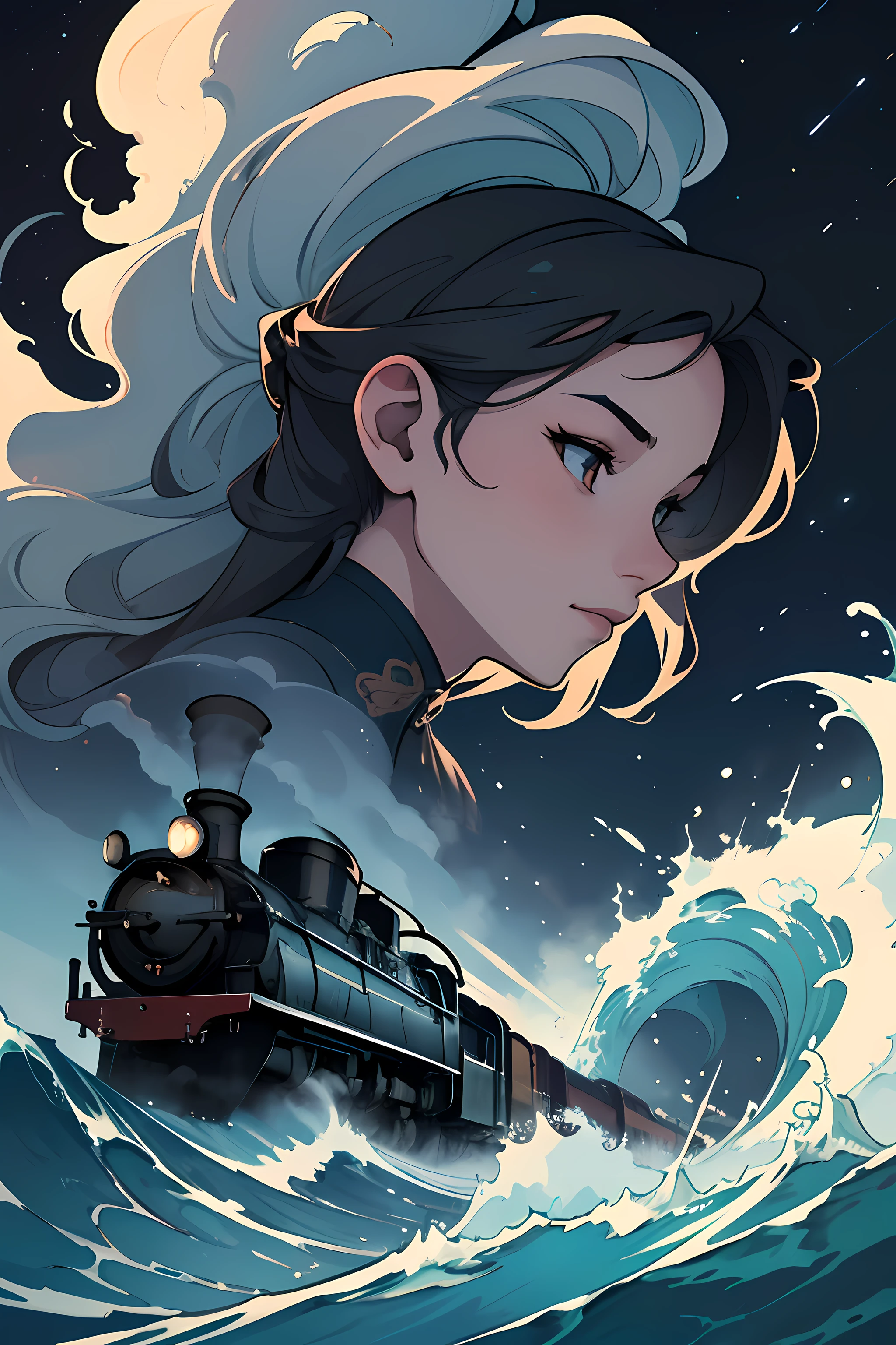 beautiful and asethetic, masterpiece, movie poster, best quality, drawing of a side view of a steam train travelling over water with waves with a dark sky in the background at night, muted colors, by james jean style, fantastical elements
