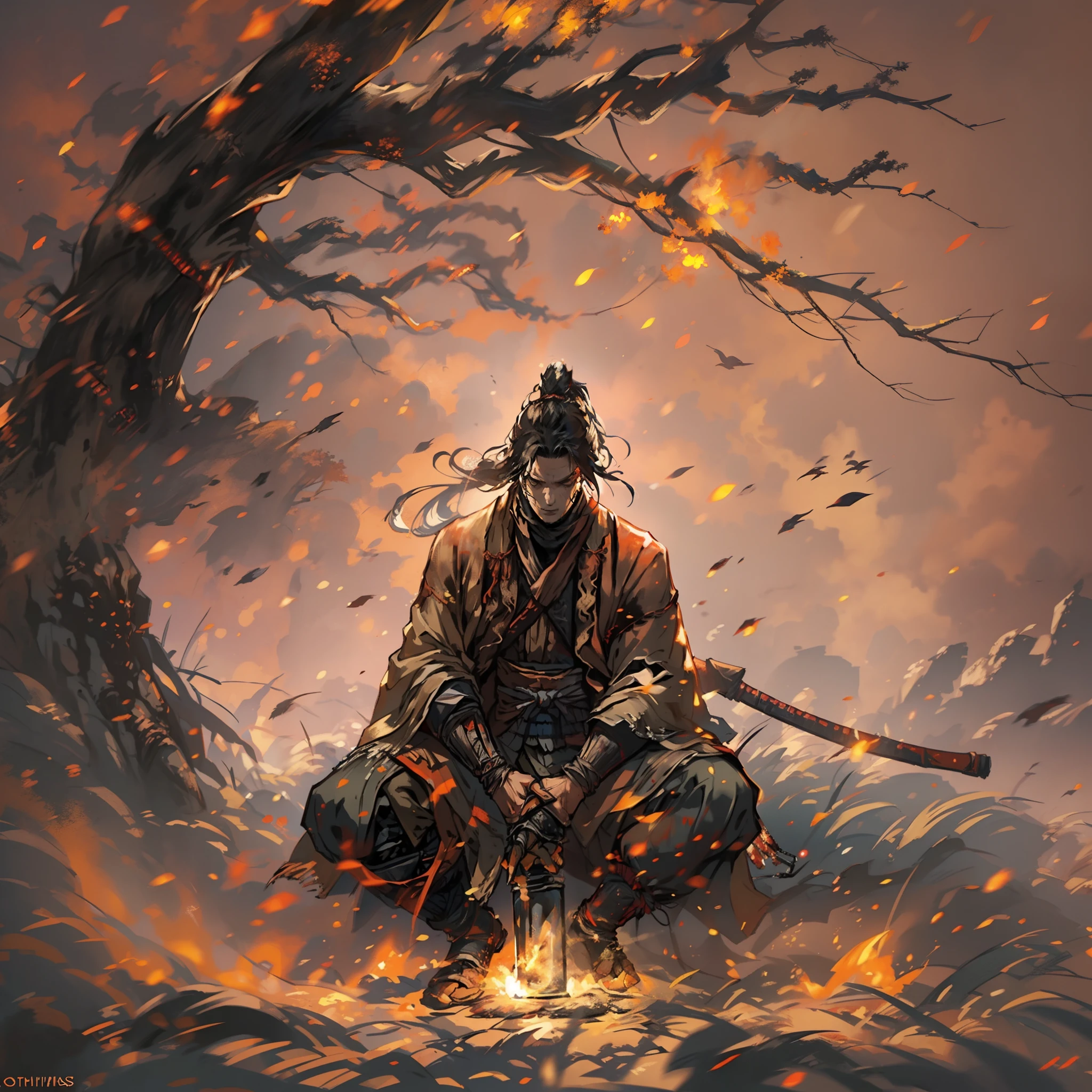 1hombre, solamente, Anillo Elden, meditando junto antorcha, sentado junto al fuego, transmitido por la sangre, Almas oscuras, (((Las sombras de SEKIRO mueren dos veces))),