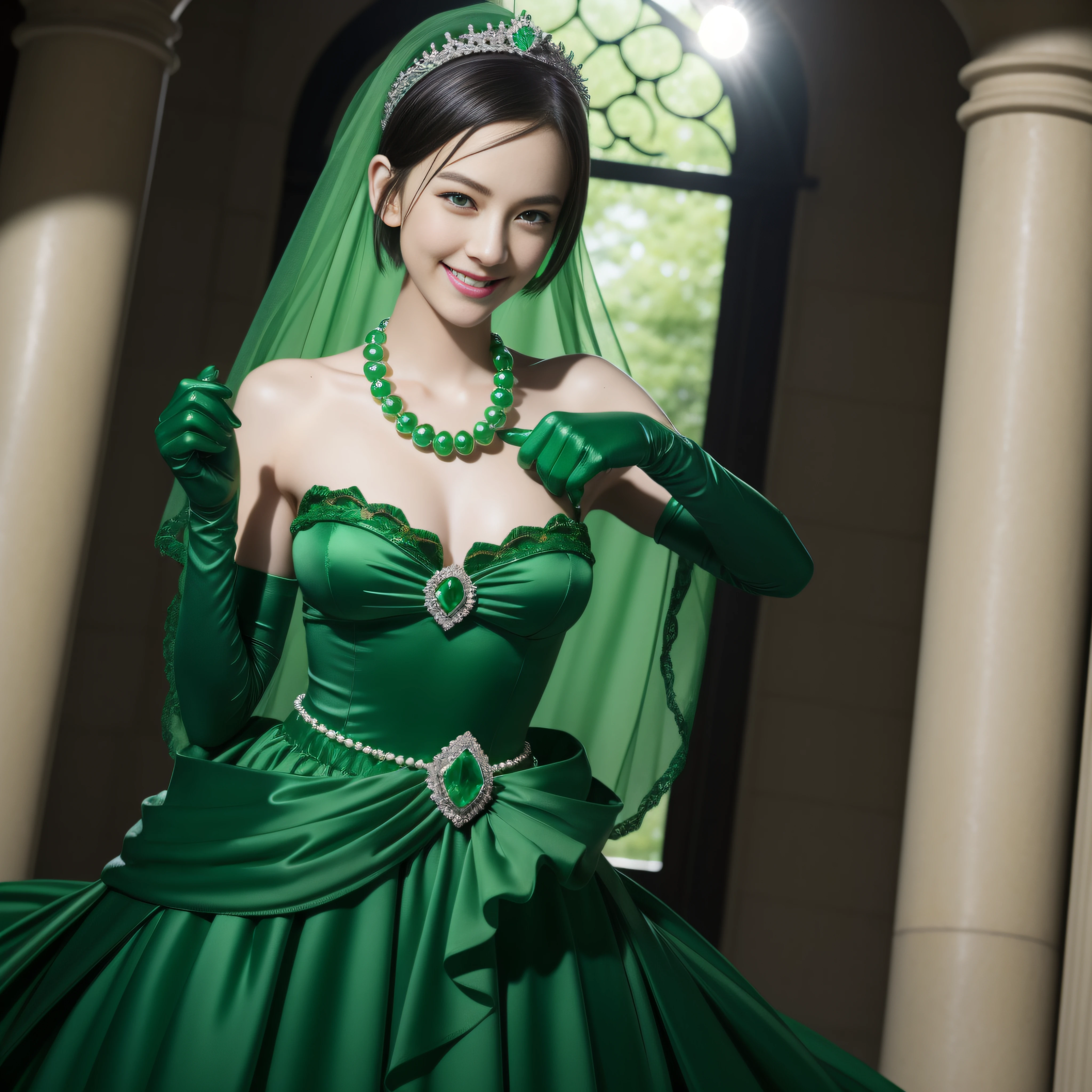 emerald tiara, Green Pearl Necklace, Boyish very short green hair, lipsticks, Japan woman smiling, very short short hair, big breasts beautiful, Green eyes, Long green gloves made of satin material, Green eyes