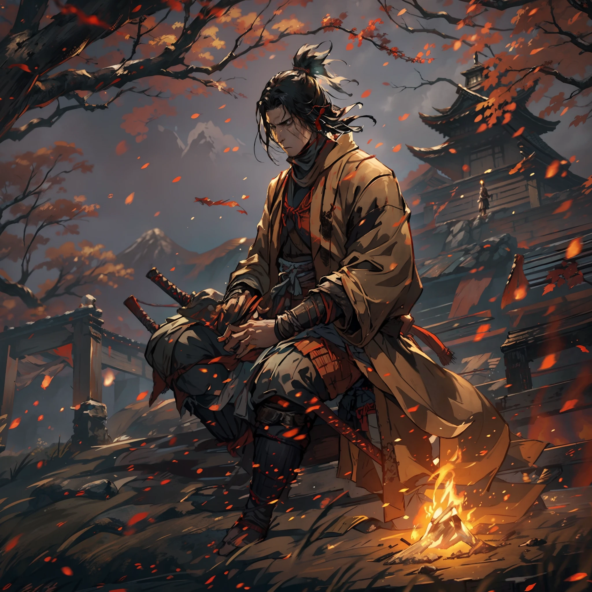 1hombre, solamente, Anillo Elden, meditando junto antorcha, sentado junto al fuego, transmitido por la sangre, Almas oscuras, (((Las sombras de SEKIRO mueren dos veces))),