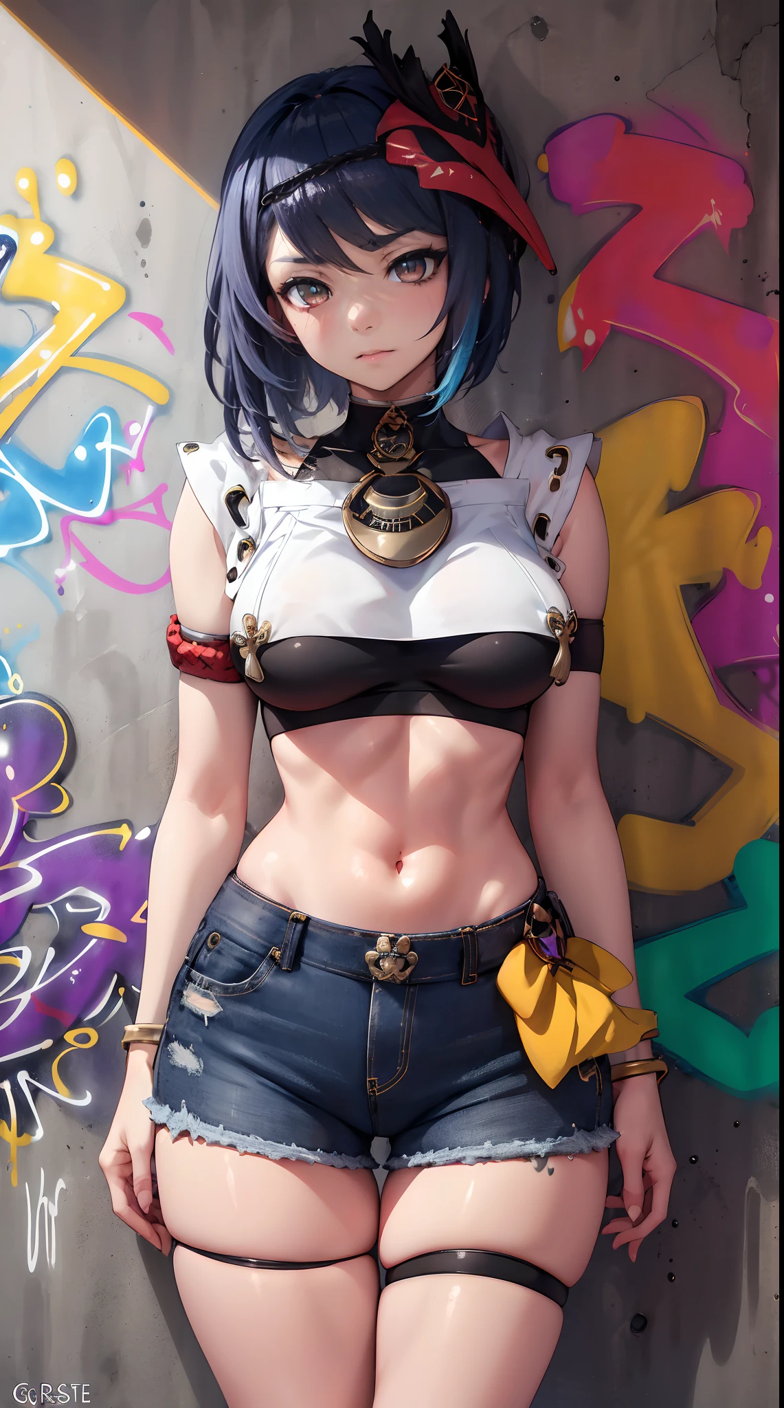 Kujou Sara Genshin Effect, masterpiece, bestquality, 1girls, bara, crop top, shorts jeans, choker, (Graffiti:1.5), Splash color into letters"Kujou Sara", arm behind back, against wall, looking at the audience, bracelet, Thigh strap, Paint on the body.........................., Head tilt, bored, multicolored hair, water eyes, headset,
