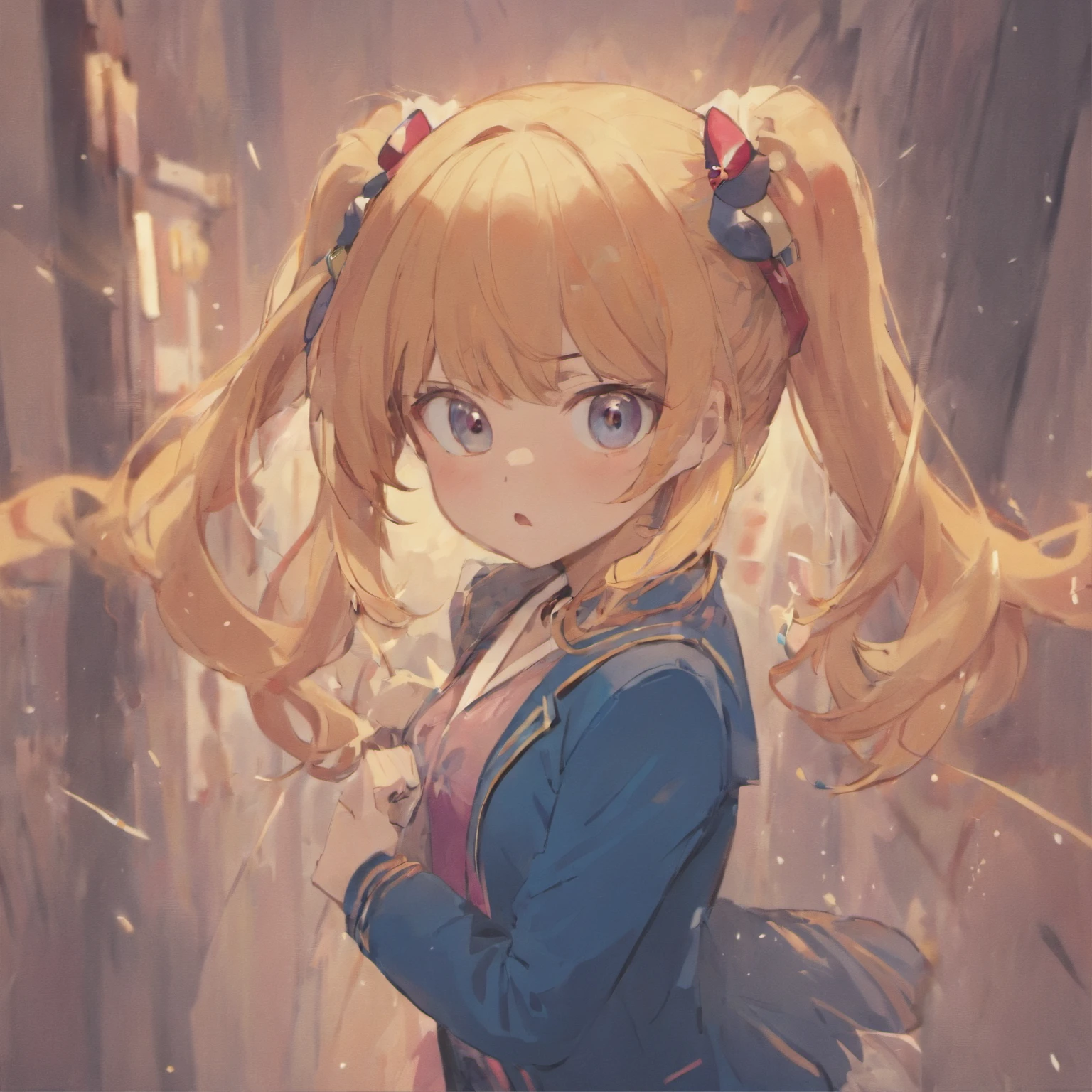 Very cute chibi anime girl, Mini Characters、Solo, Simple background, Beautiful twin tails 、 Pretty girl、Cute Chibi、 Dark blue blazer, Pink skirt、High School Uniform, Full body ,I'm insanely surprised、 I was very surprised.、Highly detailed face and eyes, The contours are clear、I put my hand on my cheek and was surprised.（Oh My Gar）