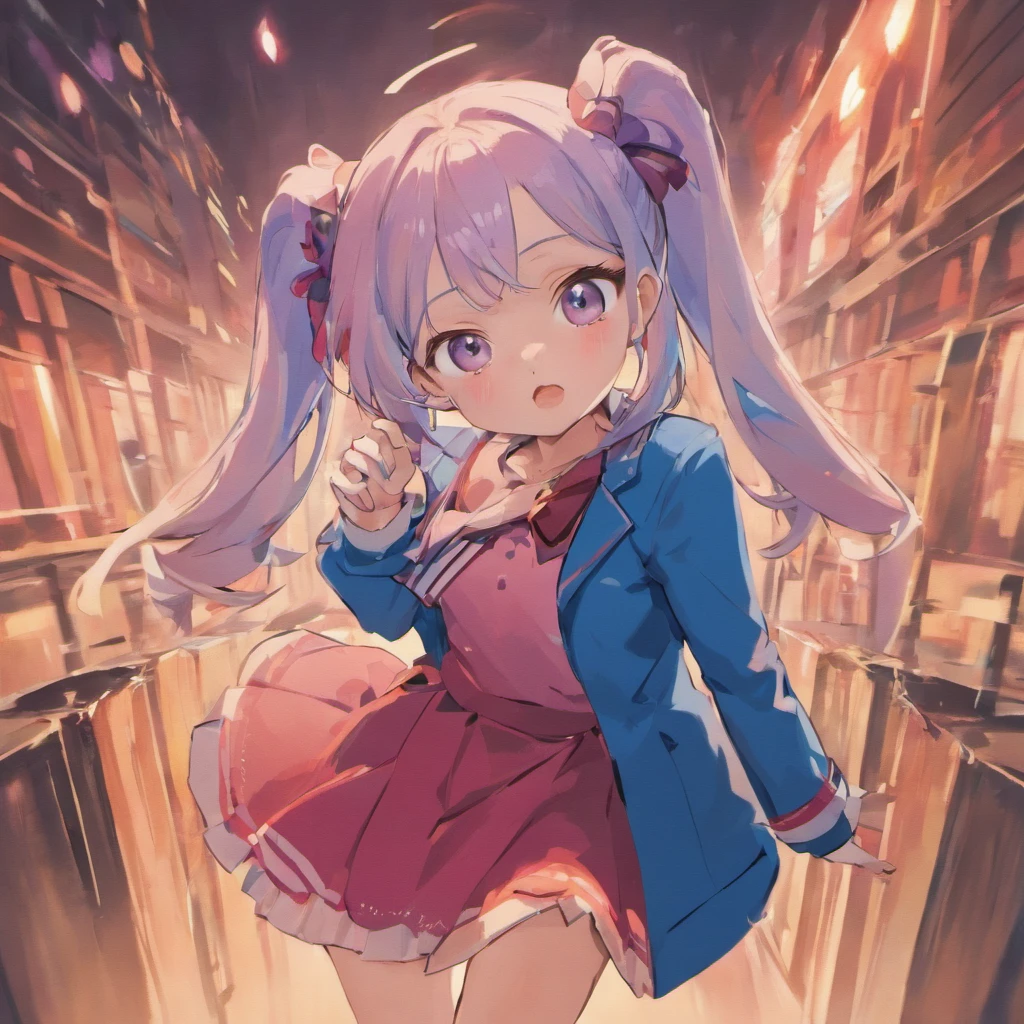 Very cute chibi anime girl, Mini Characters、Solo, Simple background, Beautiful twin tails 、 Pretty girl、Cute Chibi、 Dark blue blazer, Pink skirt、High School Uniform, Full body ,I'm insanely surprised、 I was very surprised.、Highly detailed face and eyes, The contours are clear、I put my hand on my cheek and was surprised.(Oh My Gar)