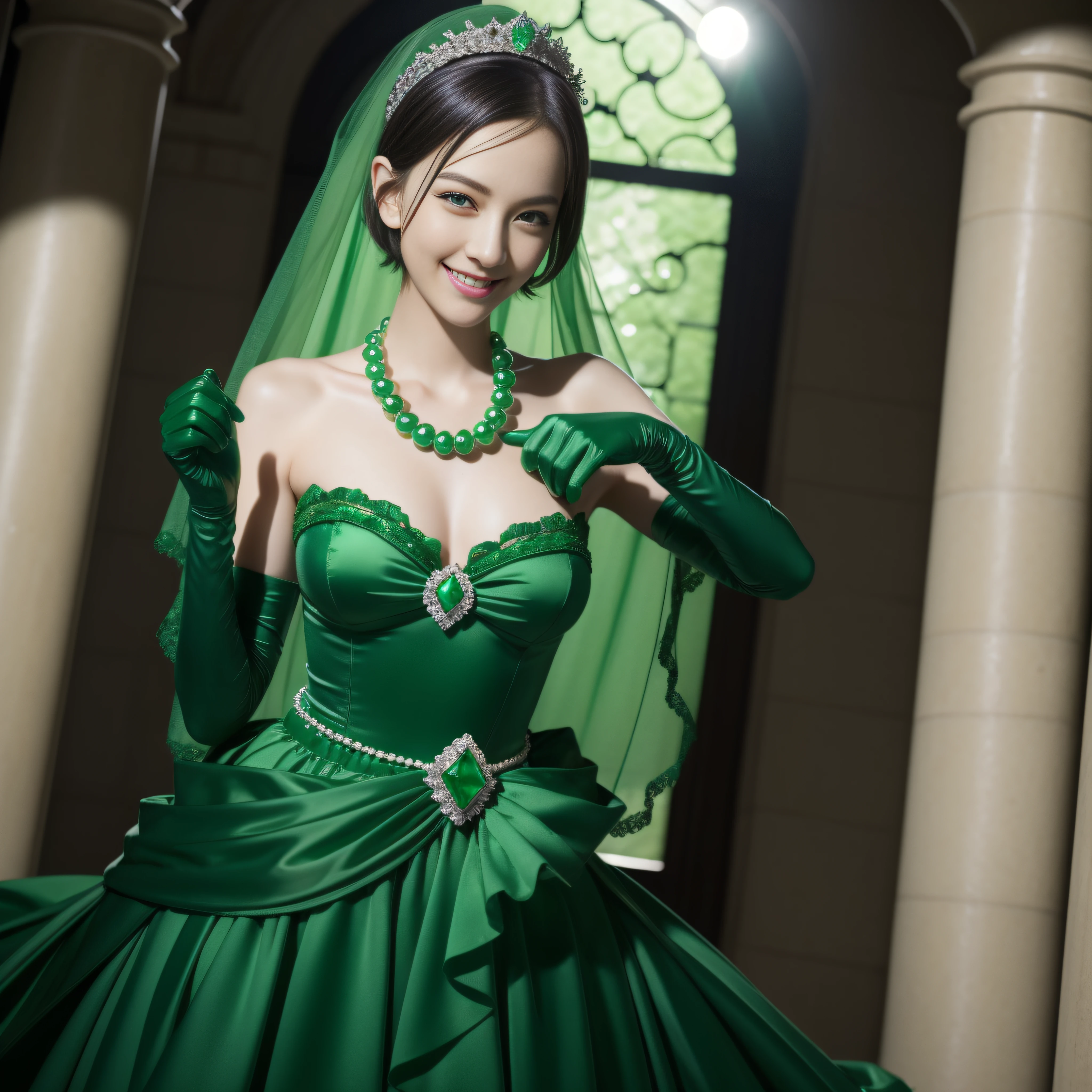 emerald tiara, Green Pearl Necklace, Boyish very short green hair, lipsticks, Japan woman smiling, very short short hair, big breasts beautiful, Green eyes, Long green gloves made of satin material, Green eyes