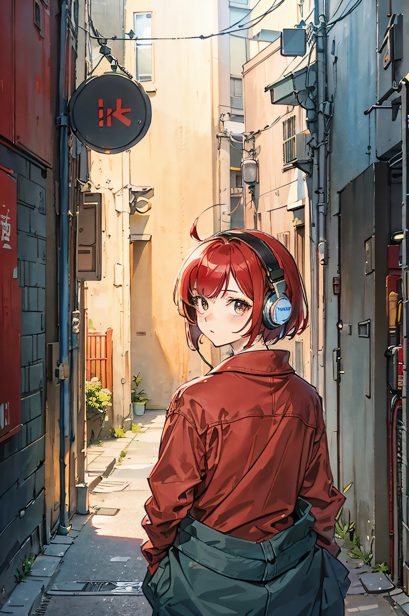 Wearing headphones、Back alley、Red Hair Bob Girl