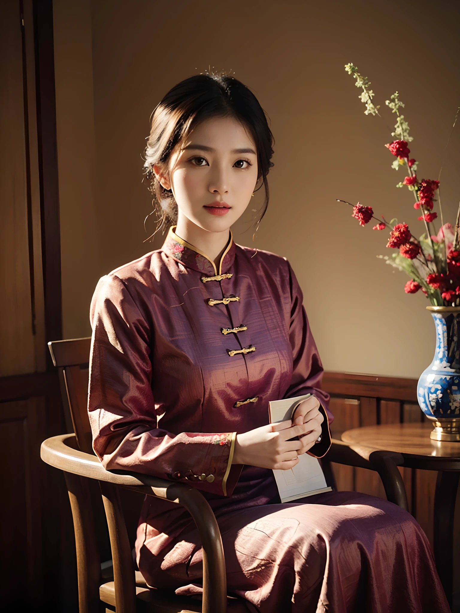 araffe woman sitting on a chair holding a book and a vase of dried plants, portrait shot, mid shot portrait, wearing an ornate outfit, traditional beauty, gorgeous lady, batik, elegant portrait, fanart, classic portrait, traditional clothes, asian woman, a young asian woman, book portrait, ao dai, detailed portrait, handsome girl