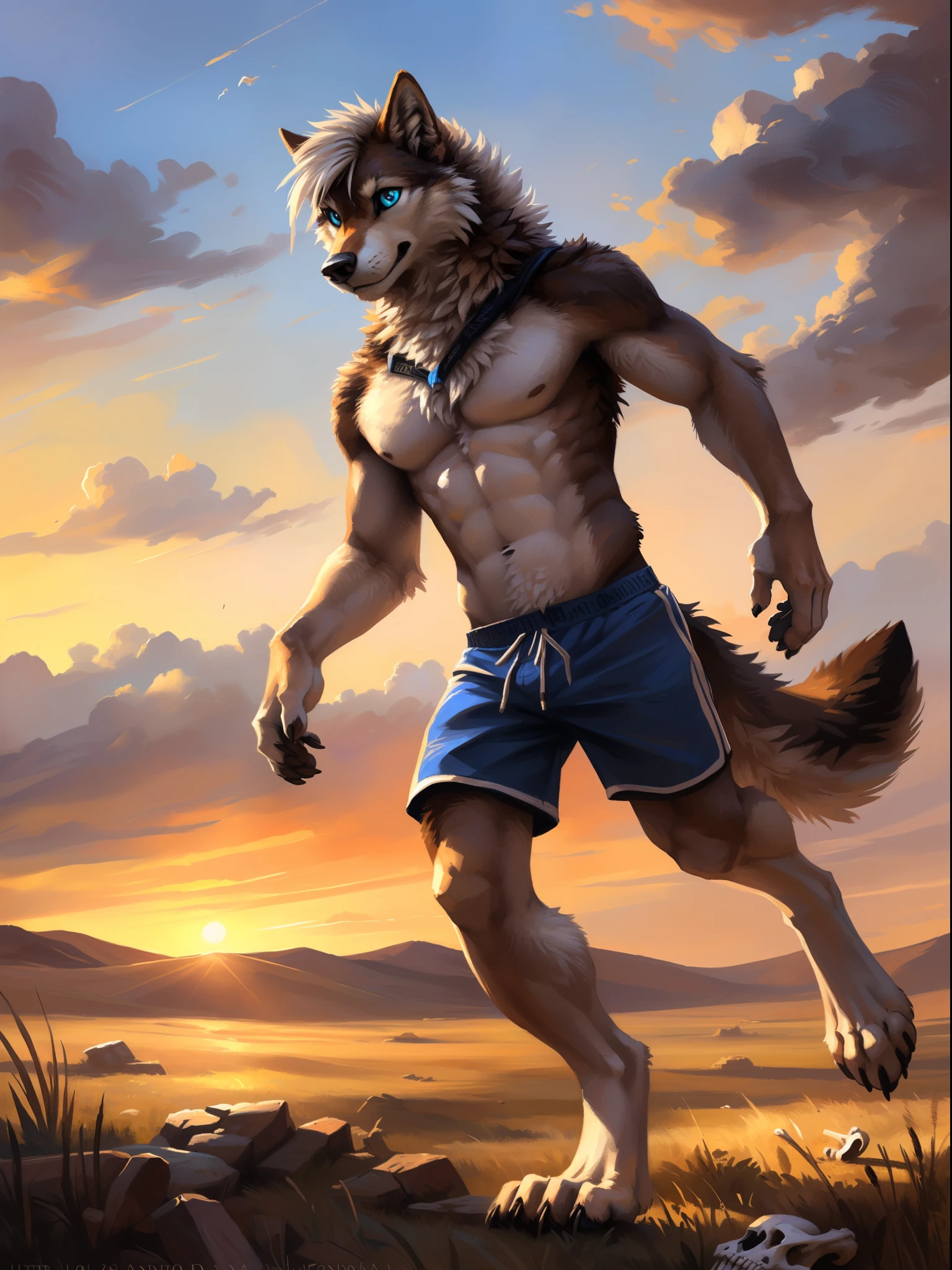 ((Solo)), male people, anthro wolf, (Multi-colored fur, White-brown:1.3), ((Wolf face, White hair, Big eyes, White eyelids, Blue pupil, Slim:1.2) (Tough, Calm expression:1.2)), Abs, Slim, pinging)), (Correct anatomy), (Work shorts:1.1), (Contour bone:1.2), The upper body is naked, (detailed outfits),A big tail，Feet，(Realistic fur, Detailed fur texture, labeled:1.3)), (Natural lighting), Photorealistic, Hyperrealistic, ultradetailed, by Kenket，Endless grasslands，No buildings，Running on