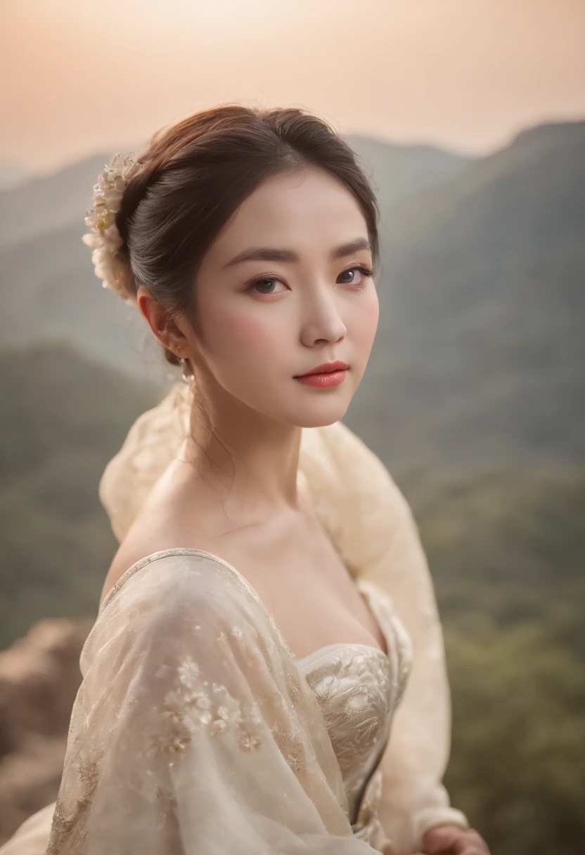 (Masterpiece, Best quality: 1.4), Detailed background,The beautiful fairy of ancient China looks into the camera,Streamers,Gauze clothes,Floating in mid-air,Elevation viewing angle,The Milky Way is brilliant,The full moon is empty,