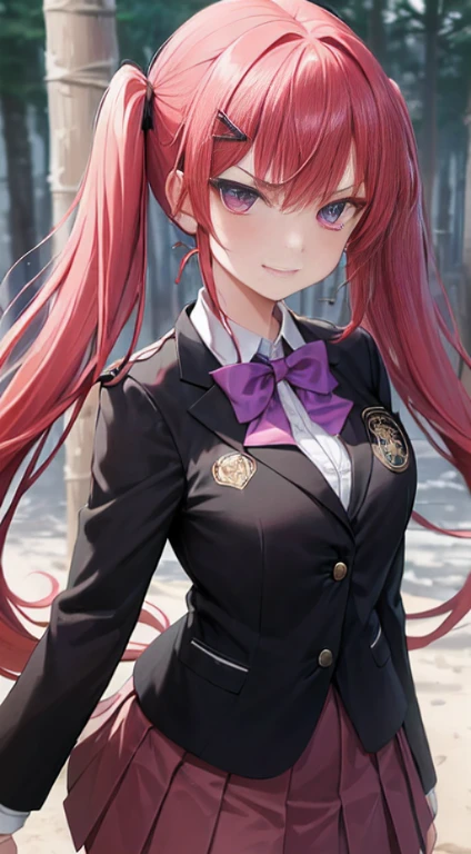 (Top resolution, Distinct_image) Best Quality, Women's masterpieces, Highly detailed, 1womanl，solo person,  (Systemic), Red hair,  very long two pigtails, Bangs, 18 years old, 年轻, Short skirt in grey, (((Perfect face:1))), Sharp face, (Detailed purple almond eyes), ((Invincible smile:1)), ((angry looking face:1)), (is standing), (Exquisite facial features, Exquisite facial features), adolable, ((School uni with simple design from black blazer with emblem)), ((pink bowtie)), natta, Dark large bamboo forest on background, abandoned houses,