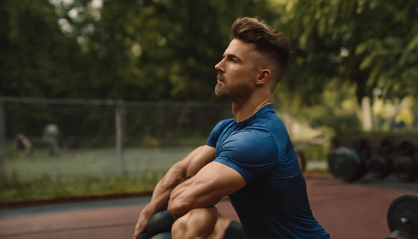 A handsome adult boy in fitness，There are people working out together，Realisticstyle
